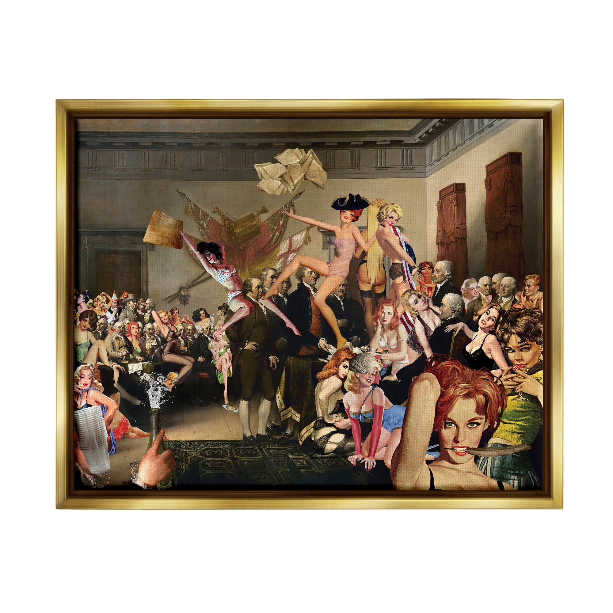 Stupell Industries Classic Painting Collage Novelty Painting Gold Floater Framed Canvas Art Print Wall Art, 31 x 25