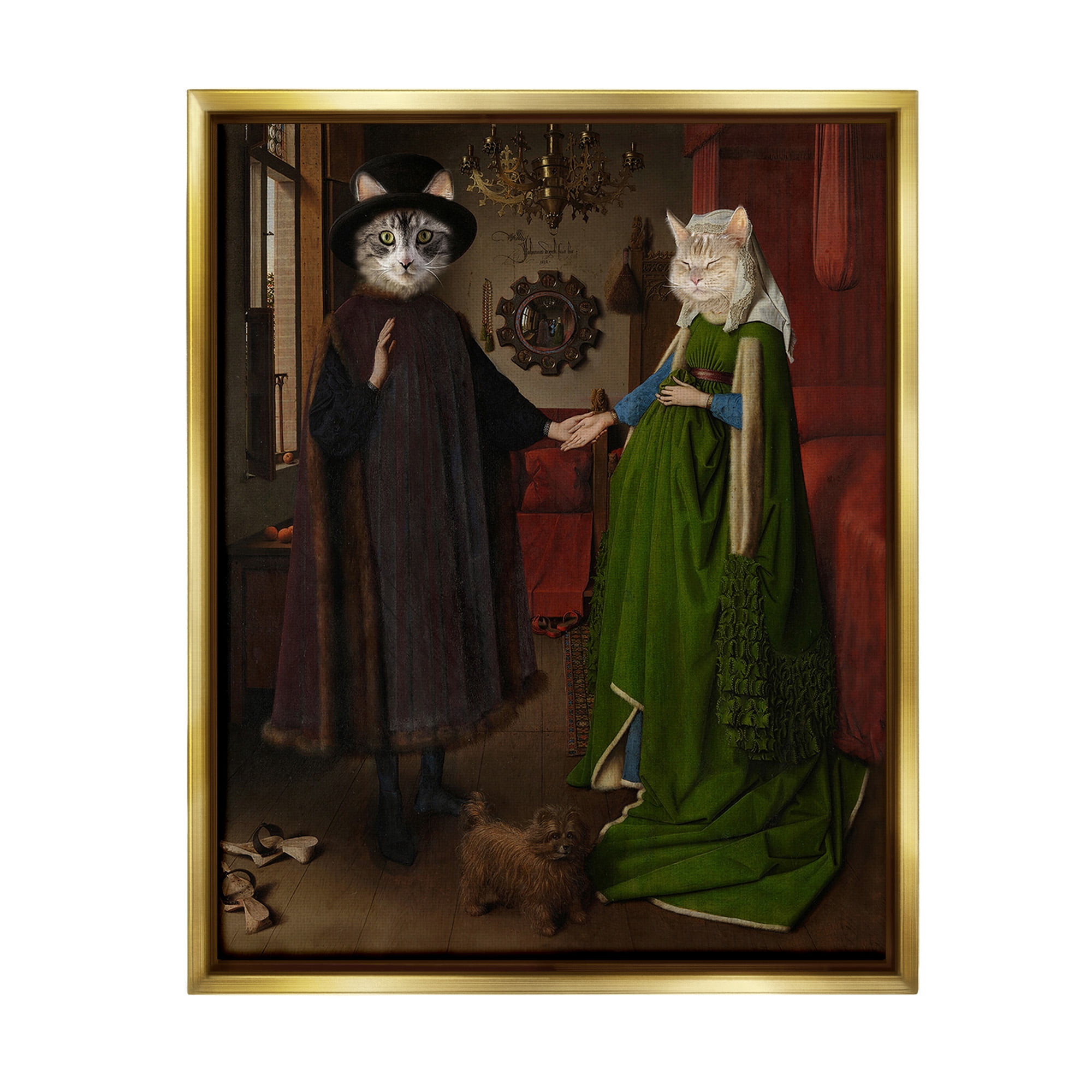 Stupell Industries Classic Painting with Cats Animals & Insects Painting Gold Floater Framed Canvas Art Print Wall Art, 17 x 21