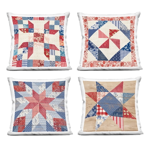 Stupell Industries Classic Patriotic Quilt Patterns 4 Piece Decorative Printed Throw Pillow Set, design by Susan Arnot