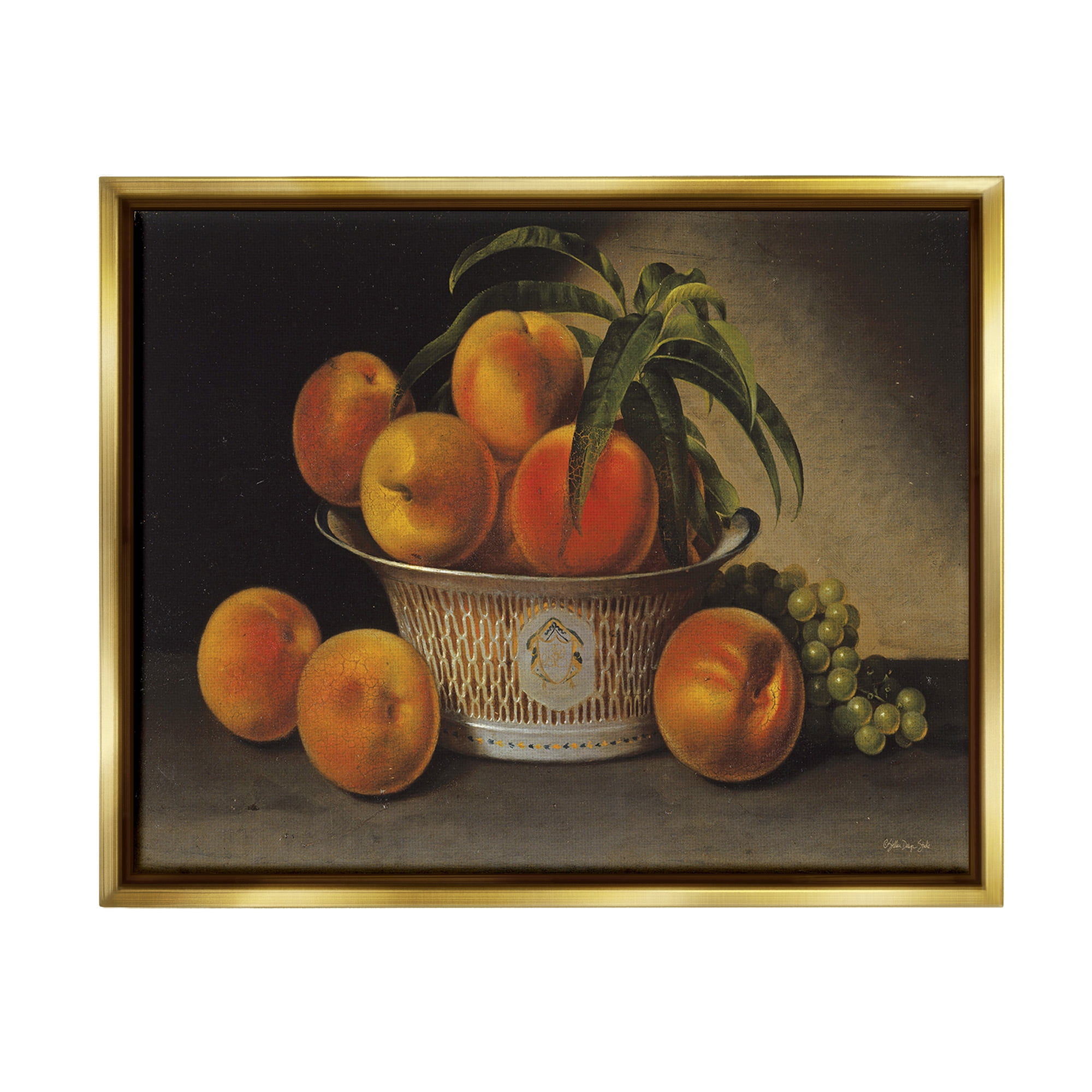 Stupell Industries Classic Peaches & Grapes Food & Beverage Painting Gold Floater Framed Canvas Art Print Wall Art, 21 x 17