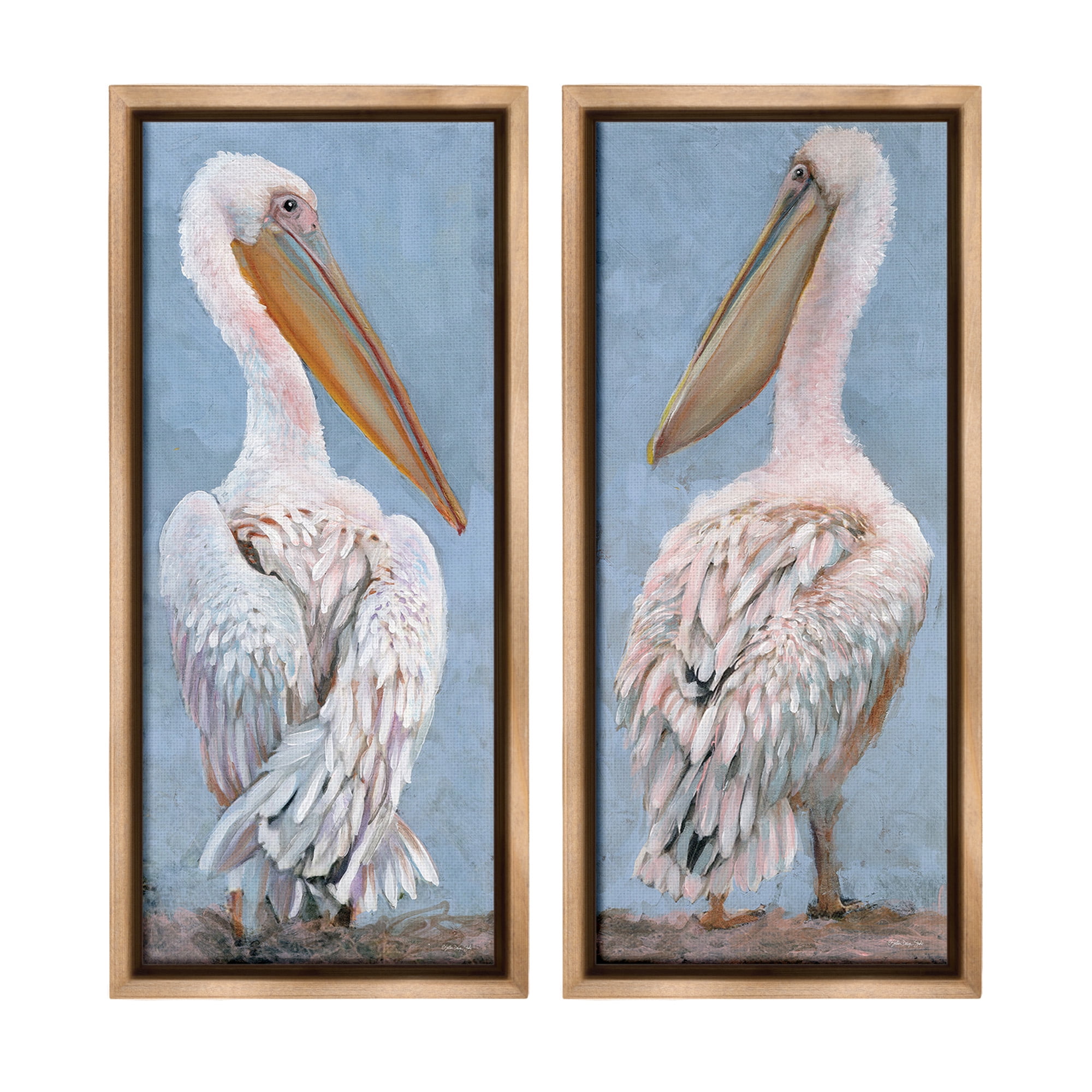Stupell Industries Classic Pelicans Gazing Animals & Insects Painting Brown Floater Framed Canvas Art Print Wall Art, 11 x 25, Set of 2