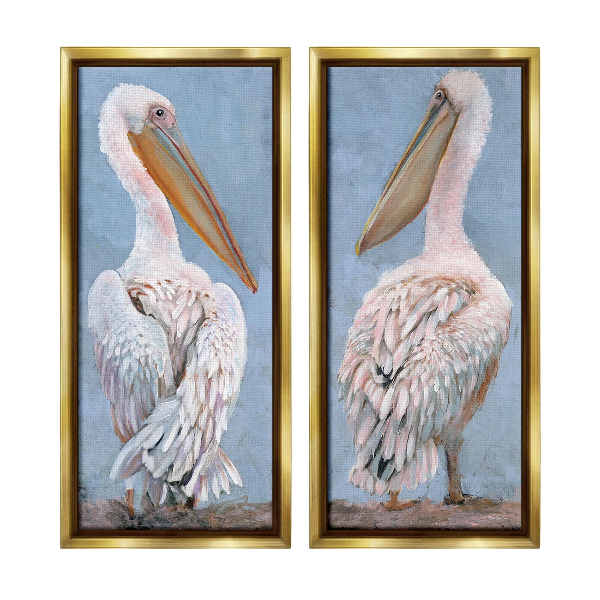 Stupell Industries Classic Pelicans Gazing Animals & Insects Painting Gold Floater Framed Canvas Art Print Wall Art, 11 x 25, Set of 2