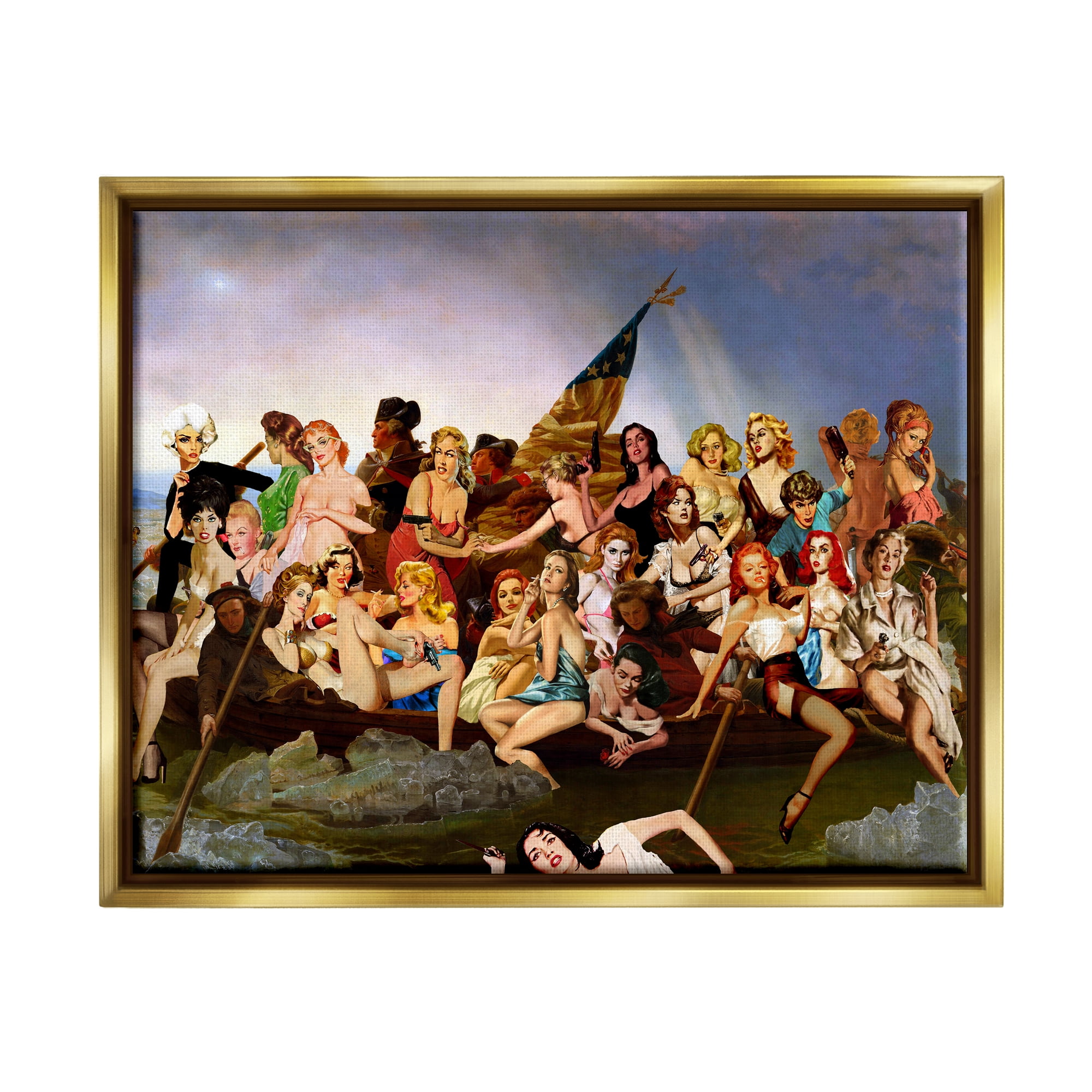 Stupell Industries Classic People Collage Novelty Painting Gold Floater Framed Canvas Art Print Wall Art, 31 x 25
