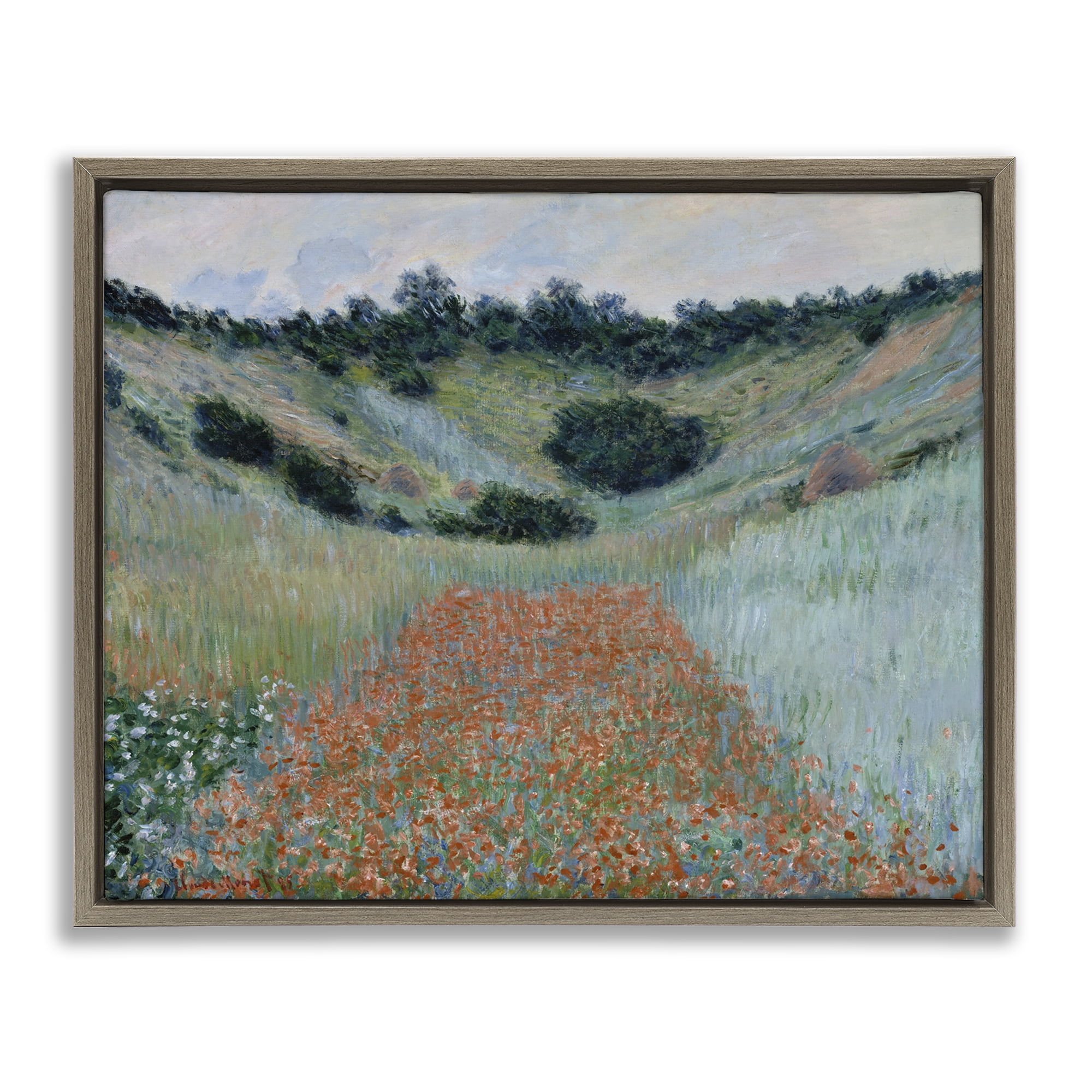 Stupell Industries Classic Poppy Field in Hollow Landscape & Nature Painting Brown Floater Framed Canvas Art Print Wall Art, 21 x 17