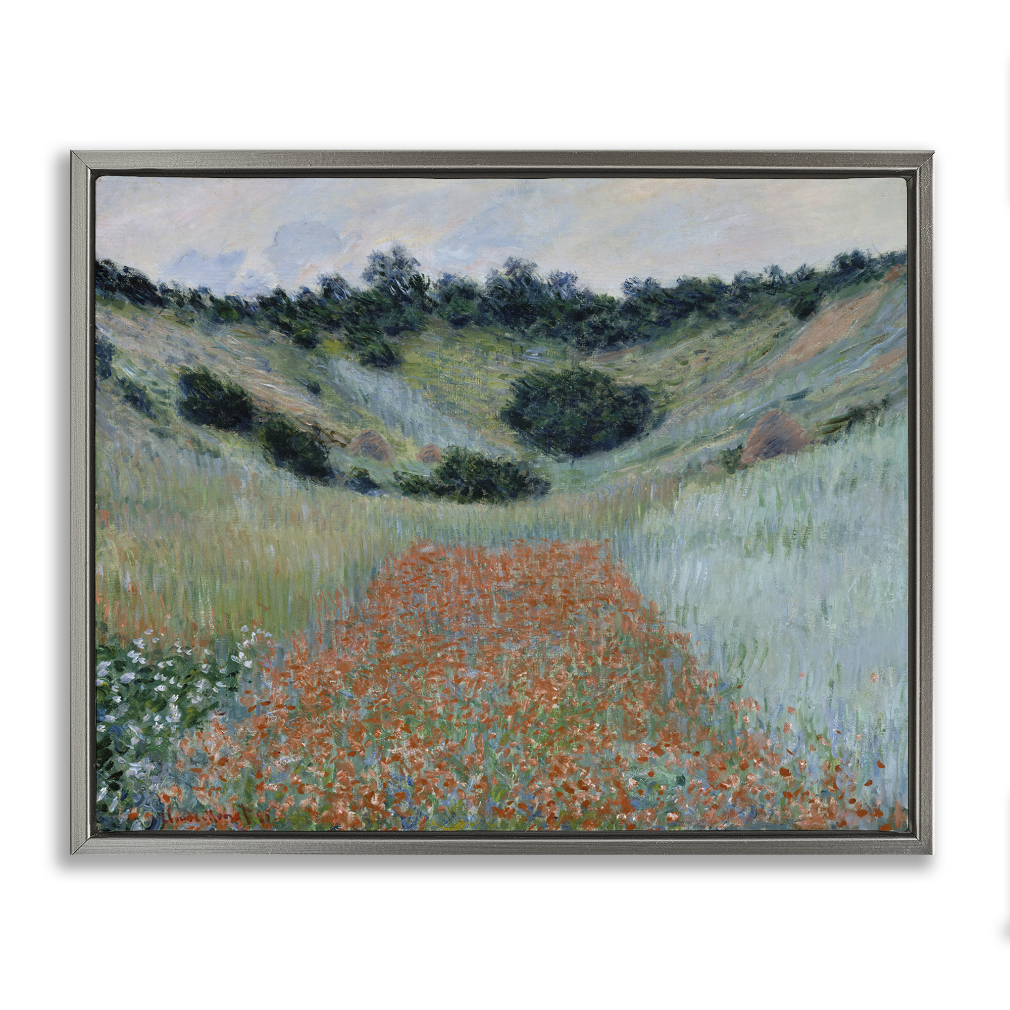 Stupell Industries Classic Poppy Field in Hollow Landscape & Nature Painting Gray Floater Framed Canvas Art Print Wall Art, 21 x 17