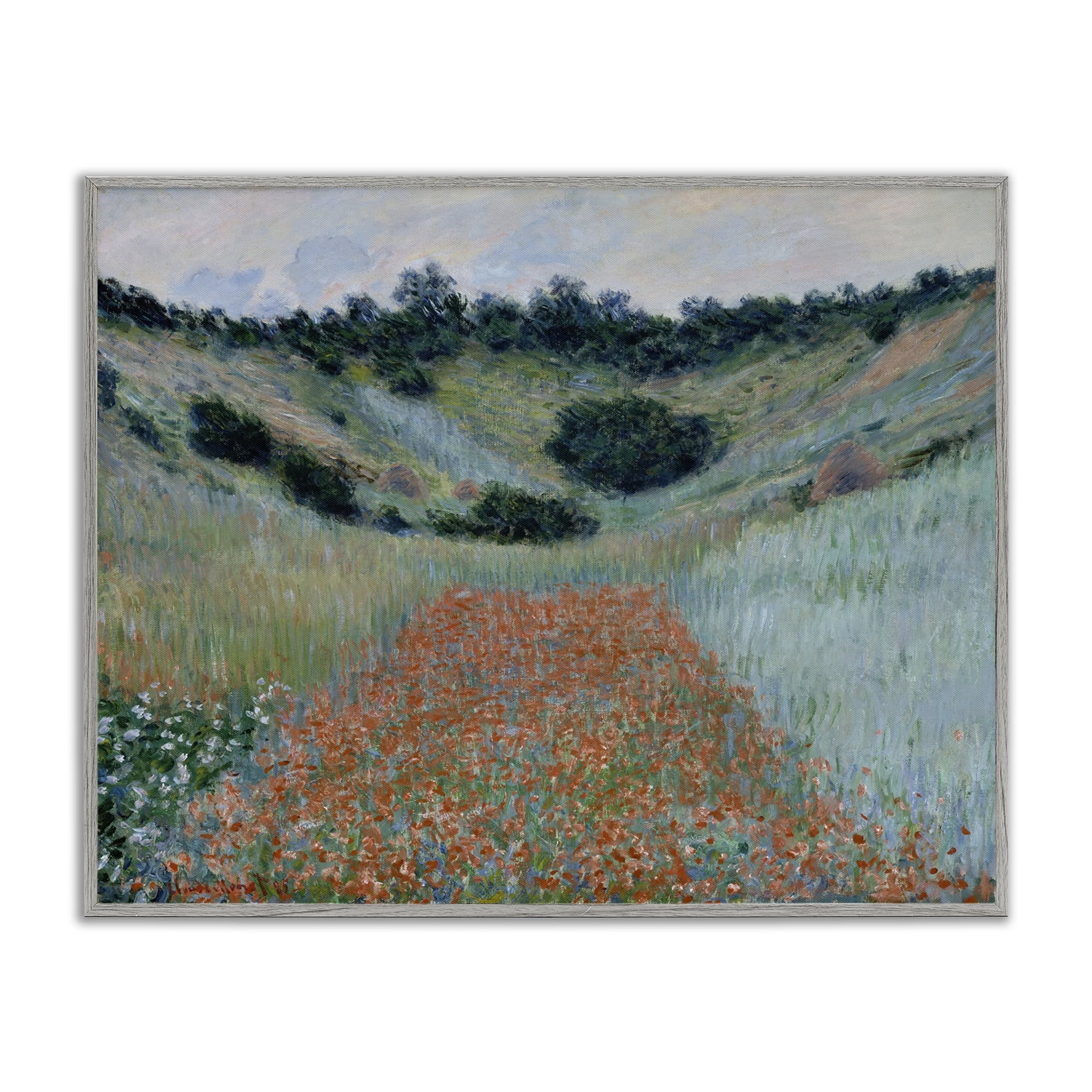 Stupell Industries Classic Poppy Field in Hollow Landscape & Nature Painting Gray Framed Art Print Wall Art, 14 x 11