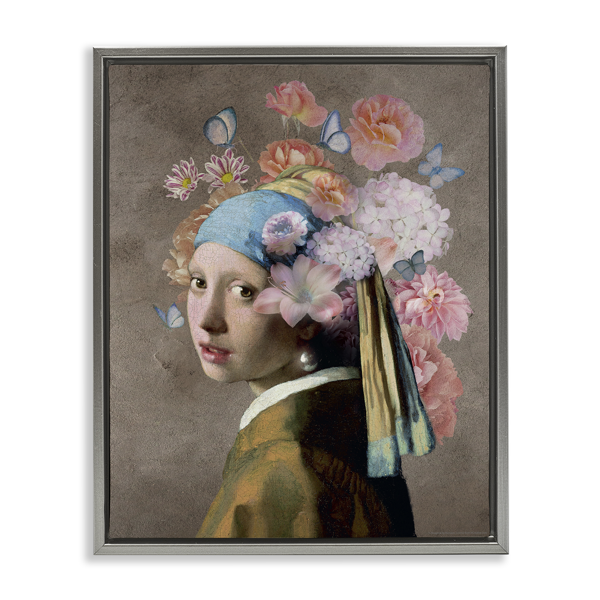 Stupell Industries Classic Portrait with Flowers Plants & Flowers Painting Gray Floater Framed Canvas Art Print Wall Art, 17 x 21