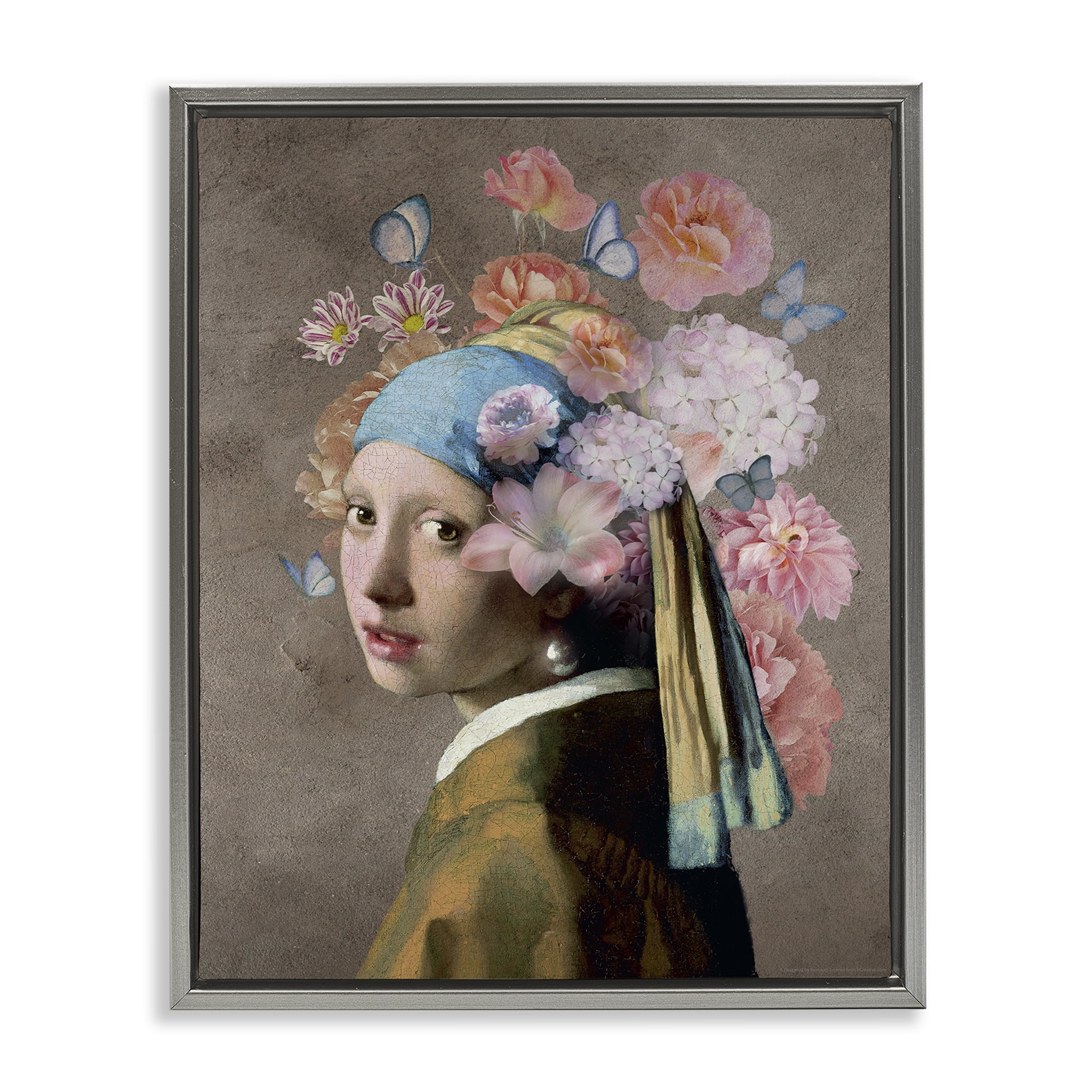 Stupell Industries Classic Portrait with Flowers Plants & Flowers Painting Gray Floater Framed Canvas Art Print Wall Art, 25 x 31