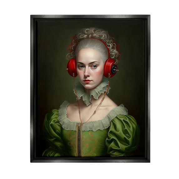 Stupell Industries Classic Portrait with Headphones Beauty & Fashion Painting Black Floater Framed Art Print Wall Art, 25 x 31