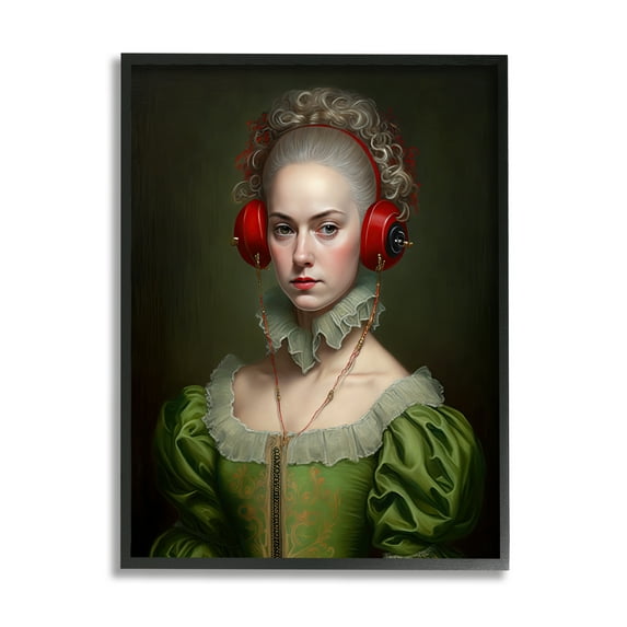 Stupell Industries Classic Portrait with Headphones Beauty & Fashion Painting Black Framed Art Print Wall Art, 16 x 20