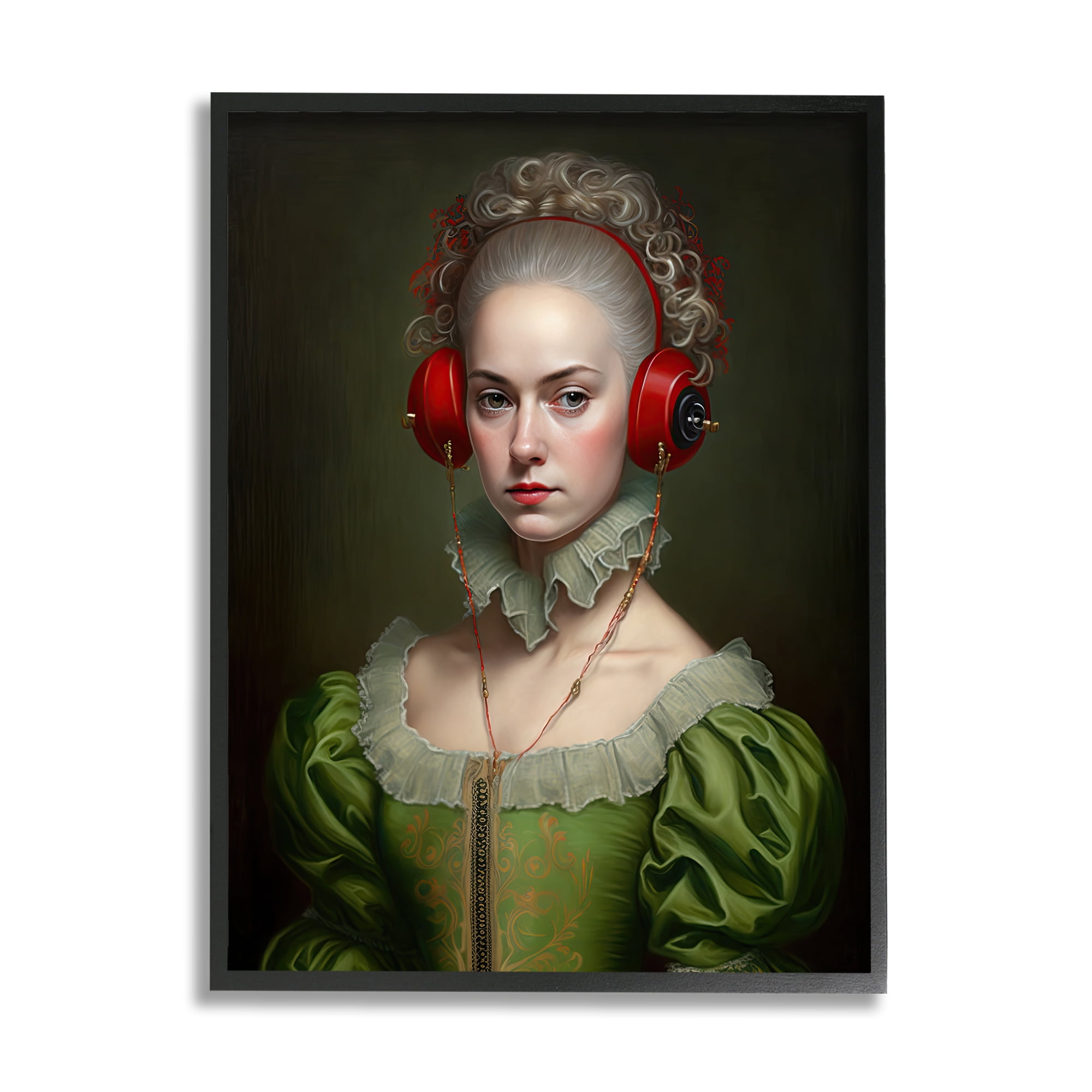 Stupell Industries Classic Portrait with Headphones Beauty & Fashion Painting Black Framed Art Print Wall Art, 24 x 30