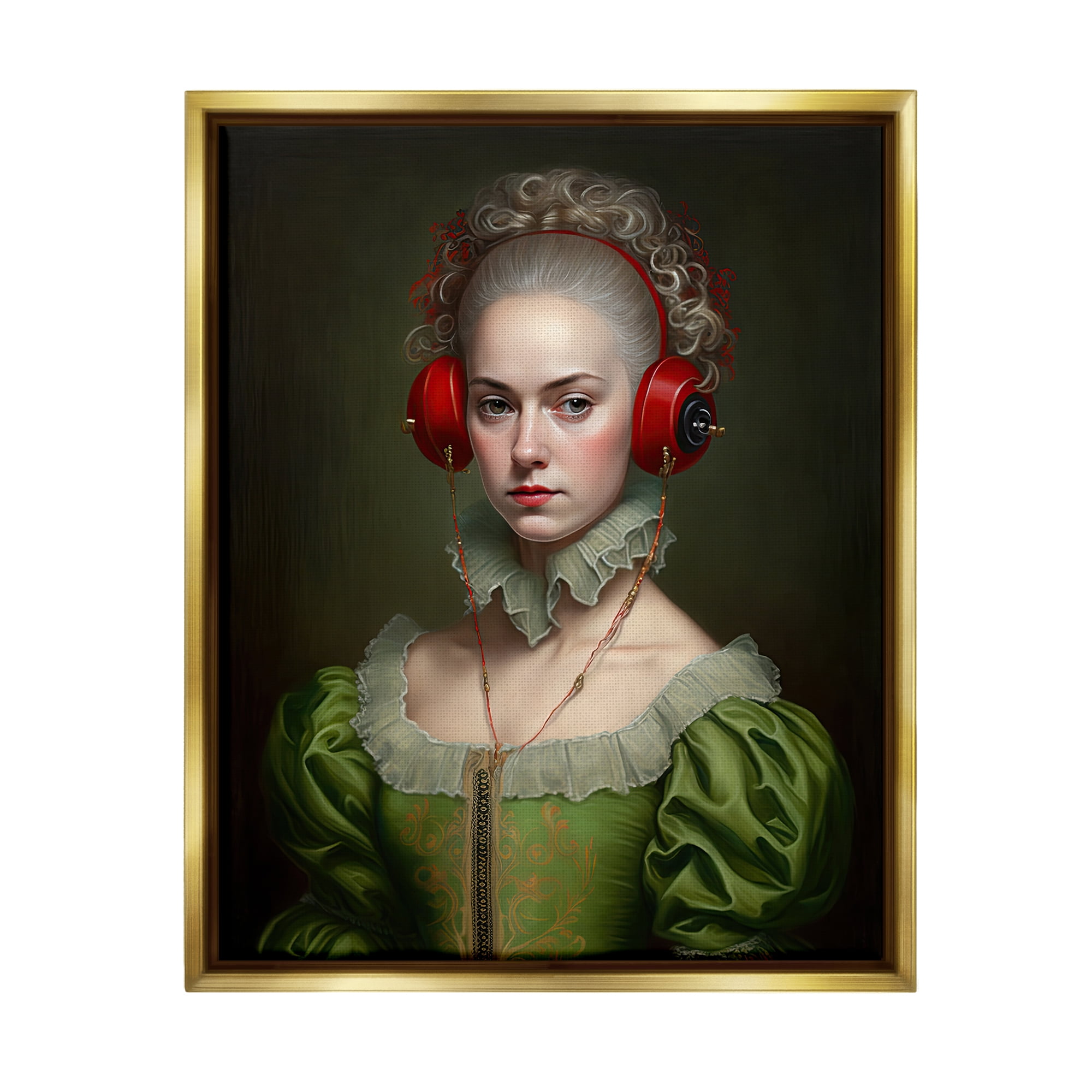 Stupell Industries Classic Portrait with Headphones Beauty & Fashion Painting Gold Floater Framed Art Print Wall Art, 25 x 31
