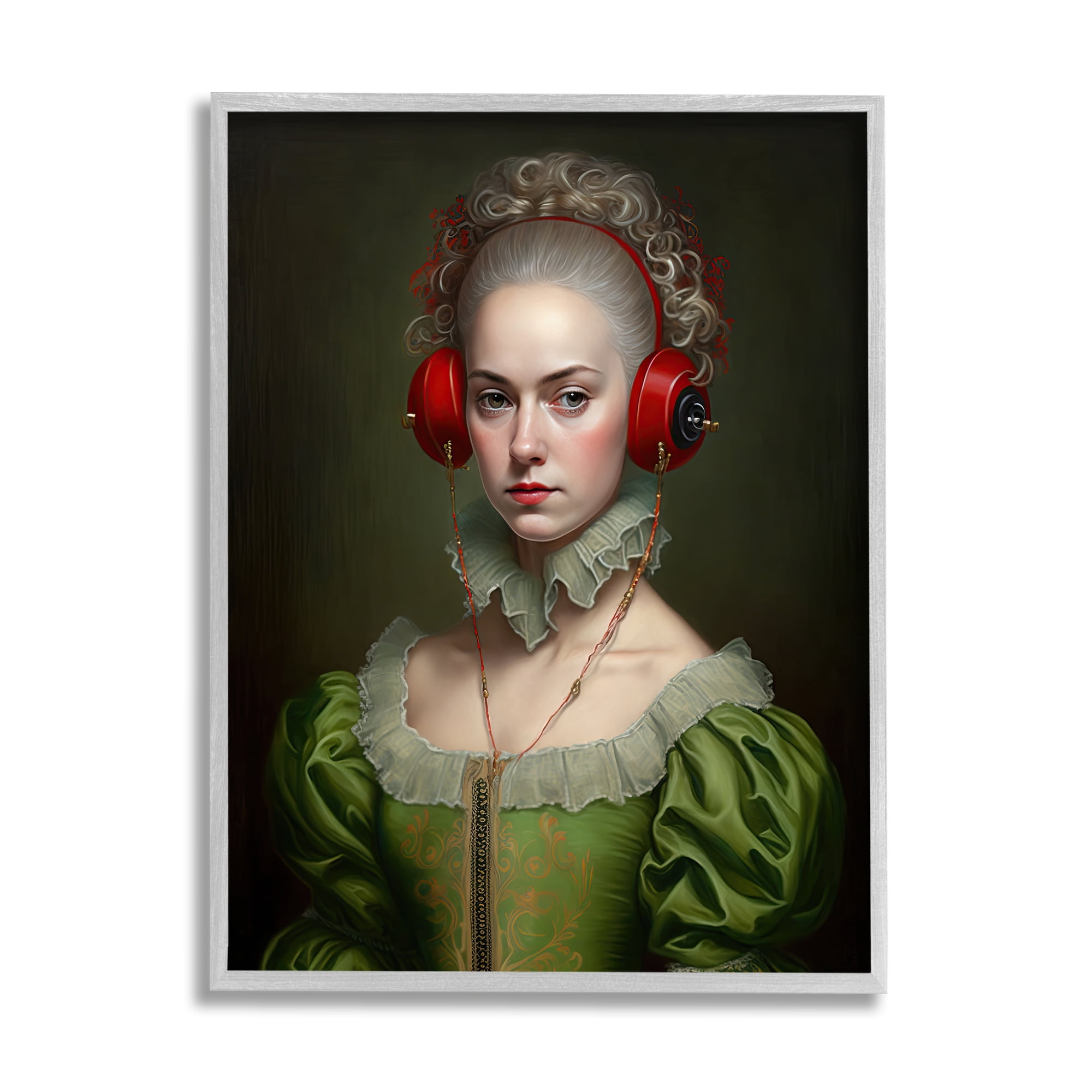 Stupell Industries Classic Portrait with Headphones Beauty & Fashion Painting Gray Framed Art Print Wall Art, 11 x 14