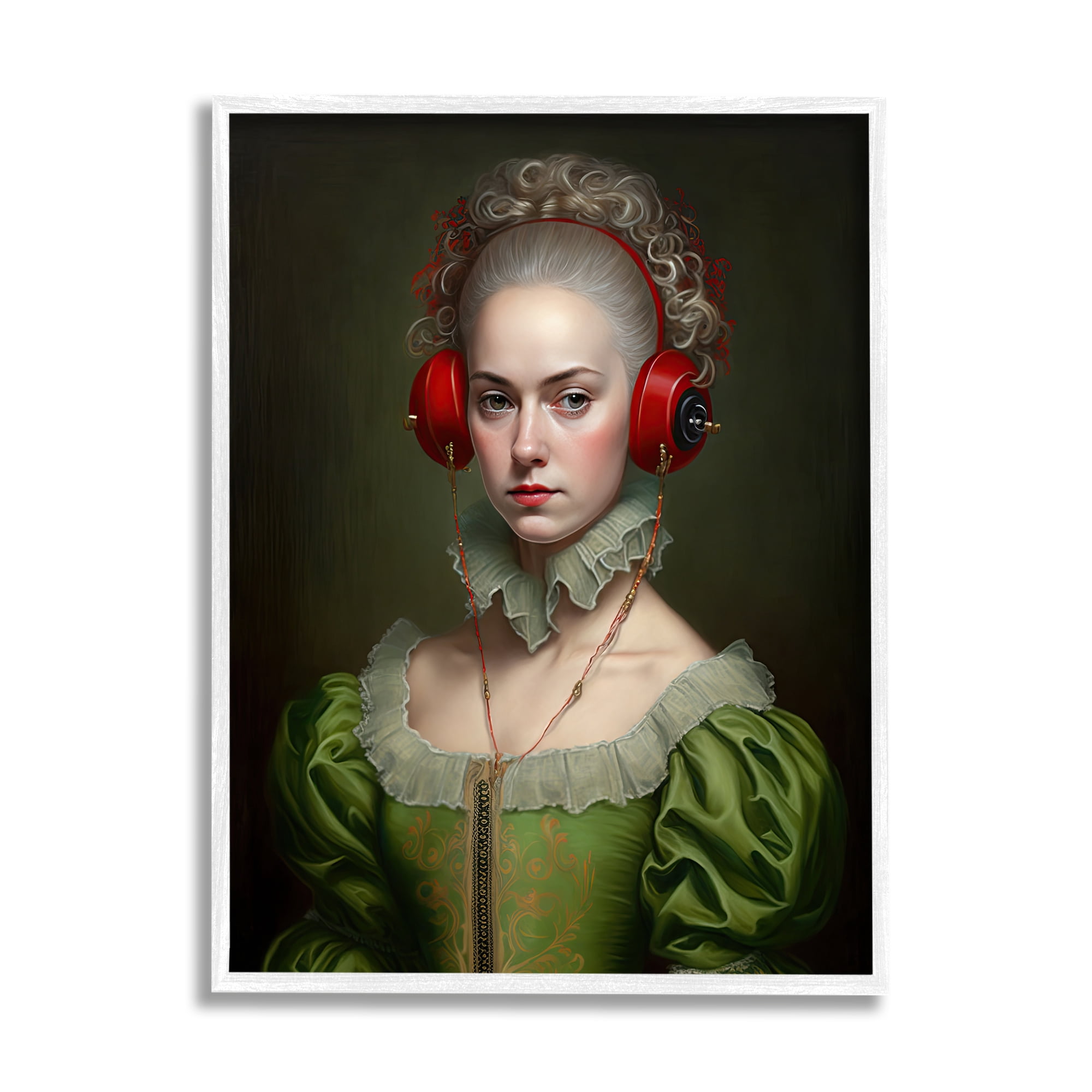 Stupell Industries Classic Portrait with Headphones Beauty & Fashion Painting White Framed Art Print Wall Art, 24 x 30