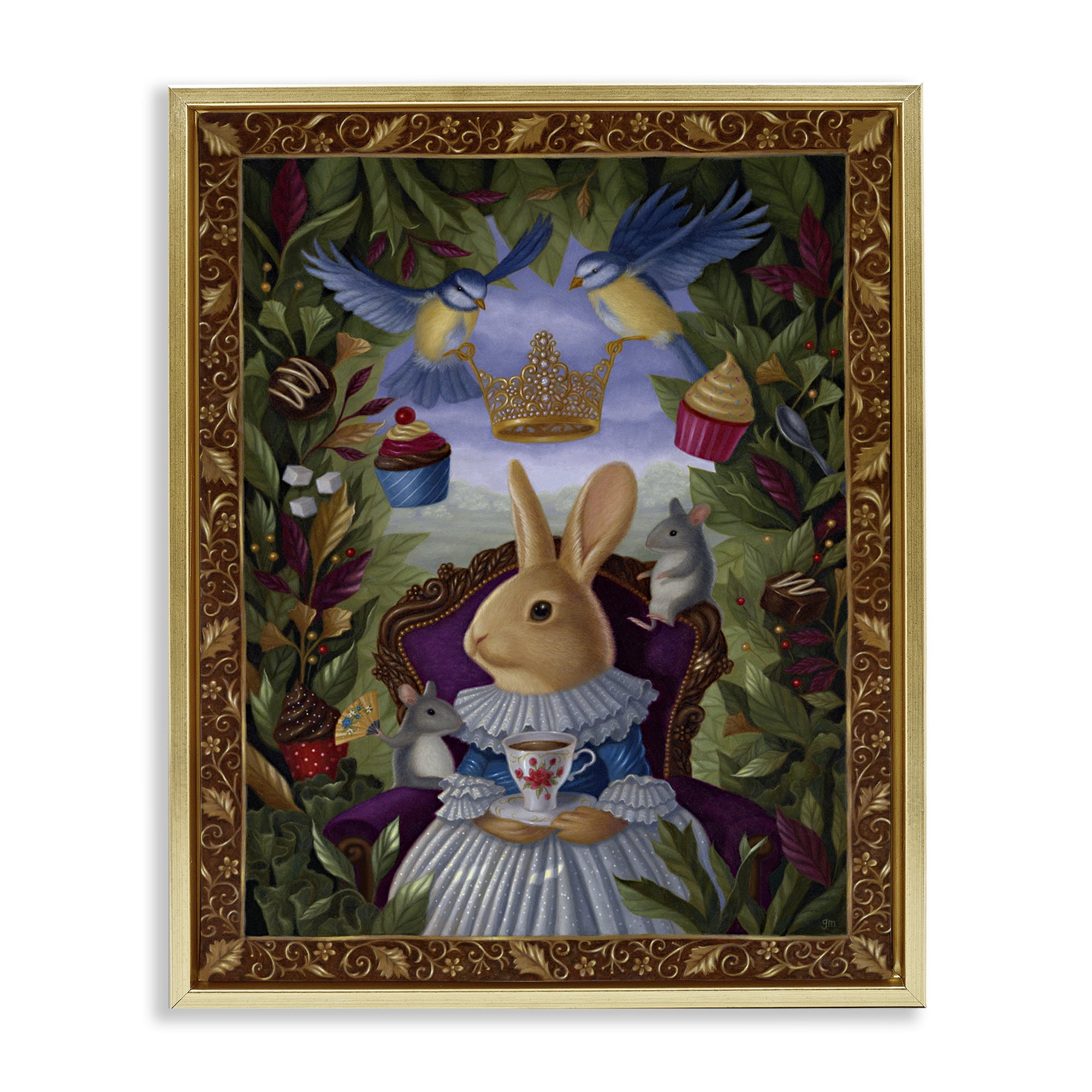 Stupell Industries Classic Rabbit Tea Party Landscape & Nature Painting Gold Floater Framed Canvas Art Print Wall Art, 17 x 21