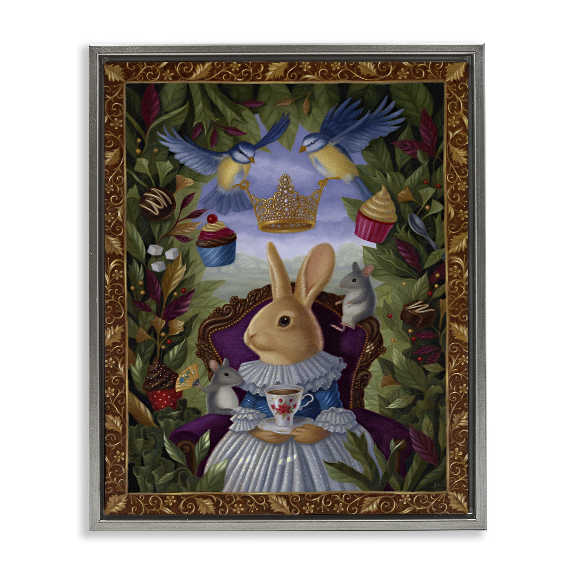 Stupell Industries Classic Rabbit Tea Party Landscape & Nature Painting Gray Floater Framed Canvas Art Print Wall Art, 17 x 21