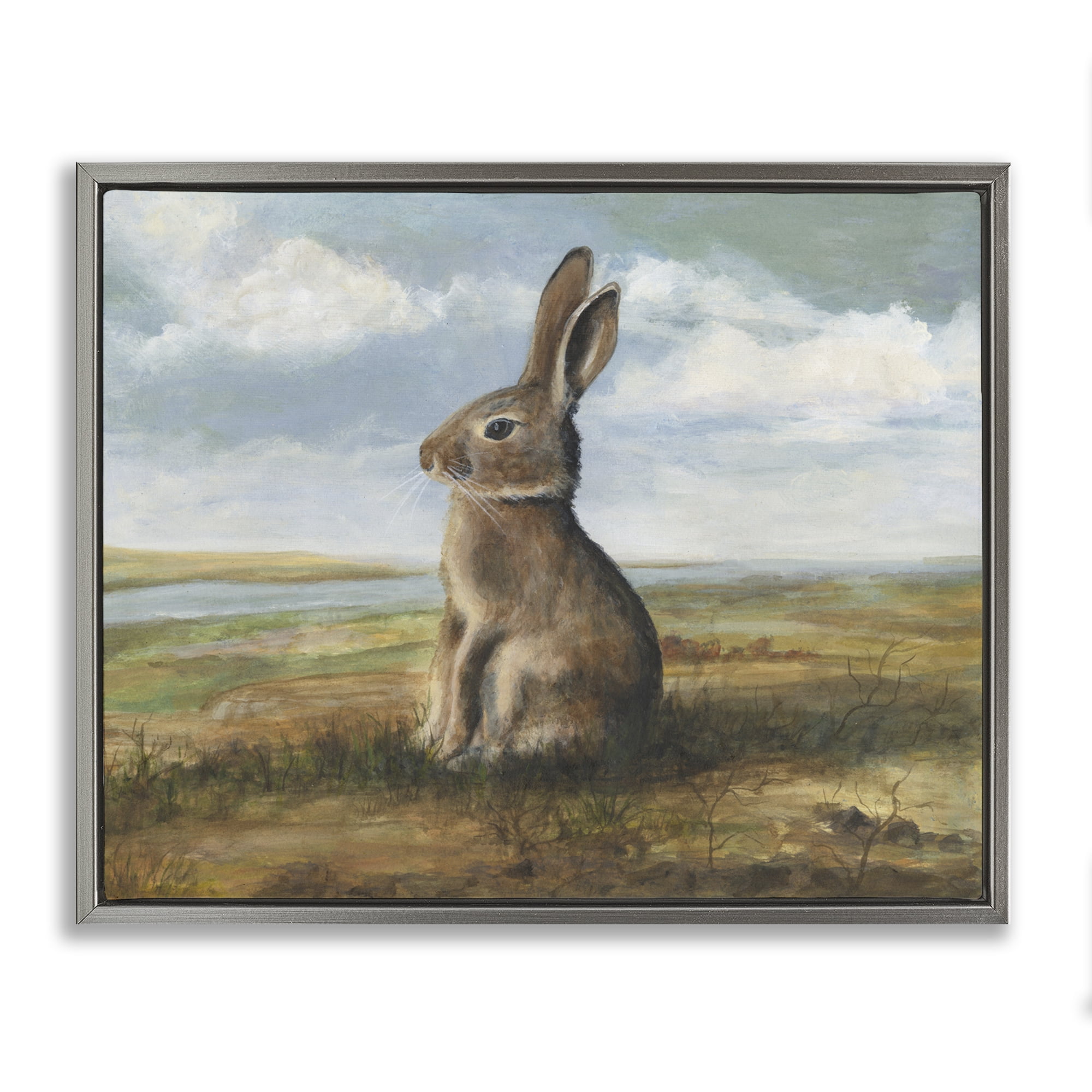 Stupell Industries Classic Rabbit in Countryside Gray Framed Floater Canvas Wall Art, design by Michael Willett