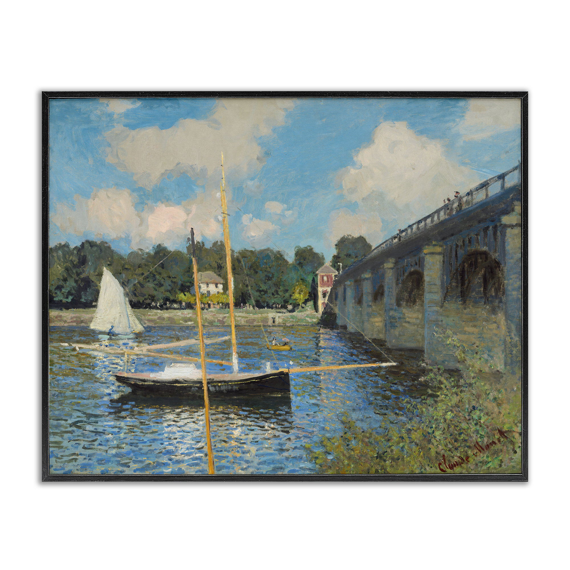 Stupell Industries Classic River with Boats Sailing Landscape & Nature Painting Black Framed Art Print Wall Art, 30 x 24