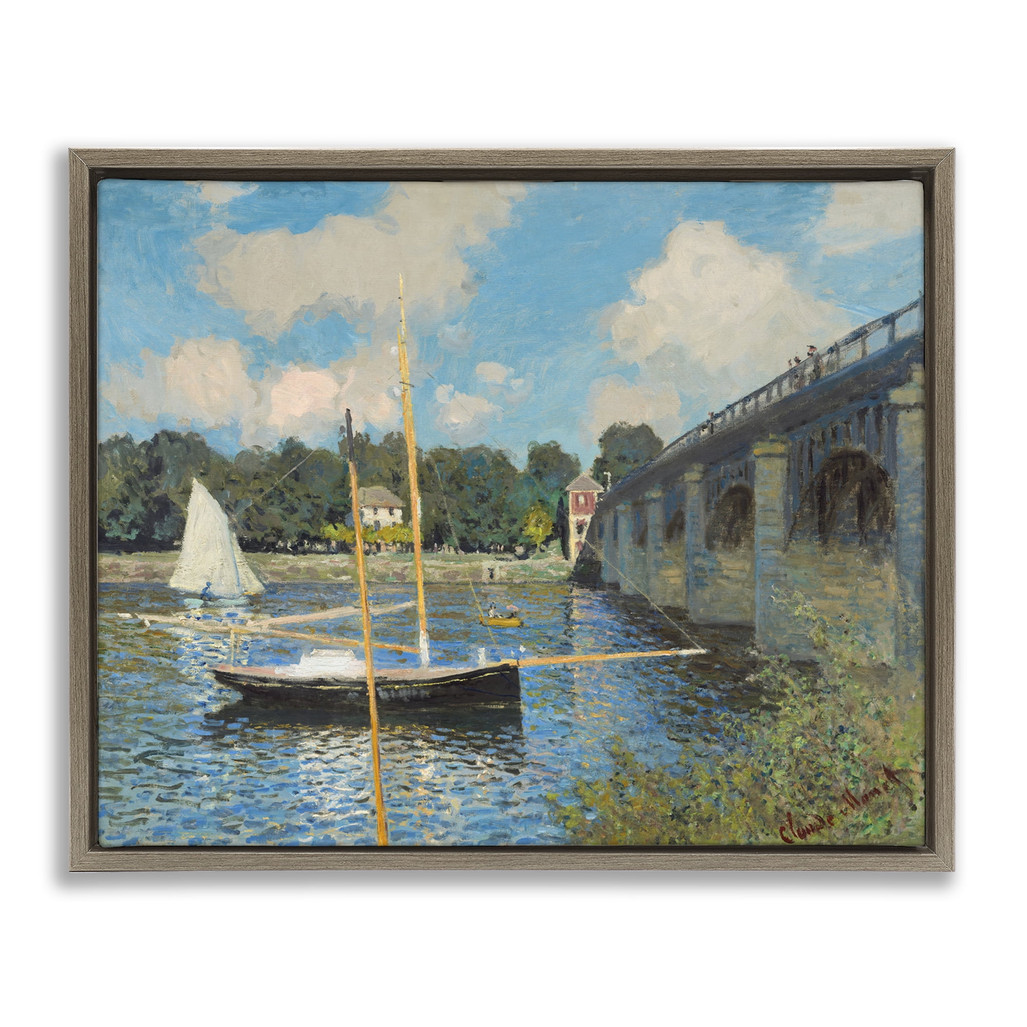 Stupell Industries Classic River with Boats Sailing Landscape & Nature Painting Brown Floater Framed Canvas Art Print Wall Art, 21 x 17