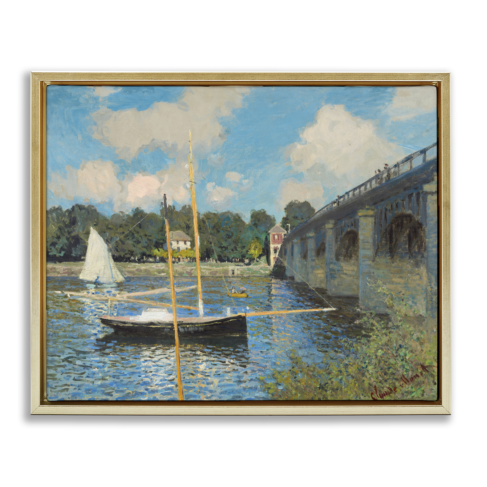 Stupell Industries Classic River with Boats Sailing Landscape & Nature Painting Gold Floater Framed Canvas Art Print Wall Art, 21 x 17