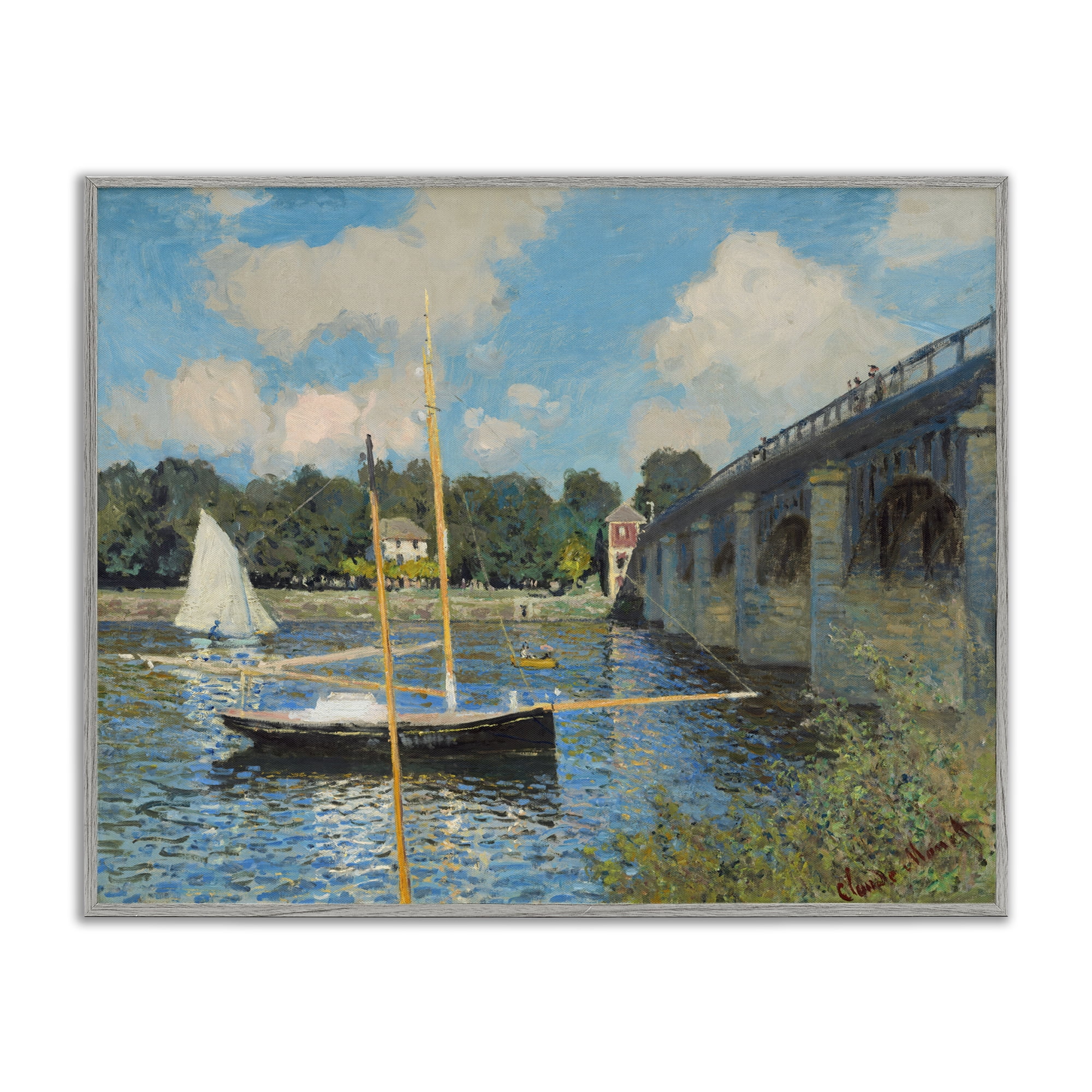 Stupell Industries Classic River with Boats Sailing Landscape & Nature Painting Gray Framed Art Print Wall Art, 14 x 11