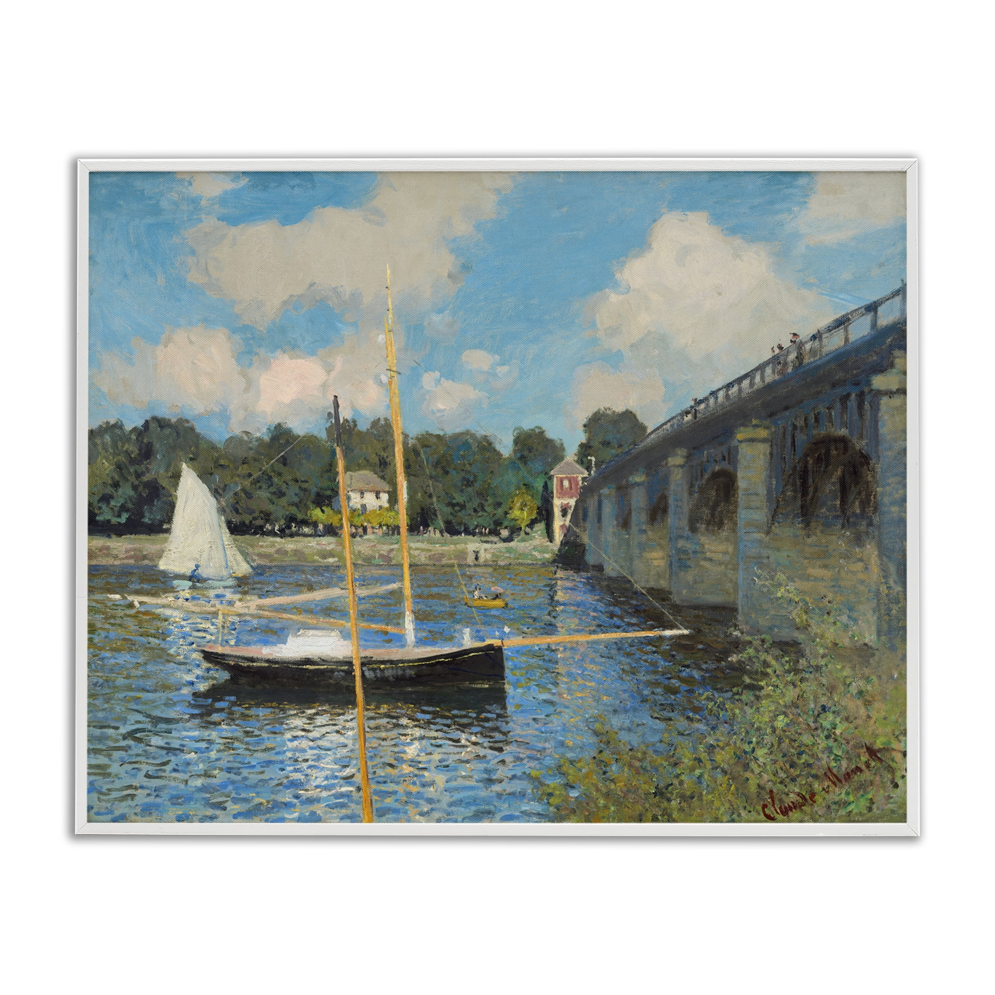 Stupell Industries Classic River with Boats Sailing Landscape & Nature Painting White Framed Art Print Wall Art, 30 x 24