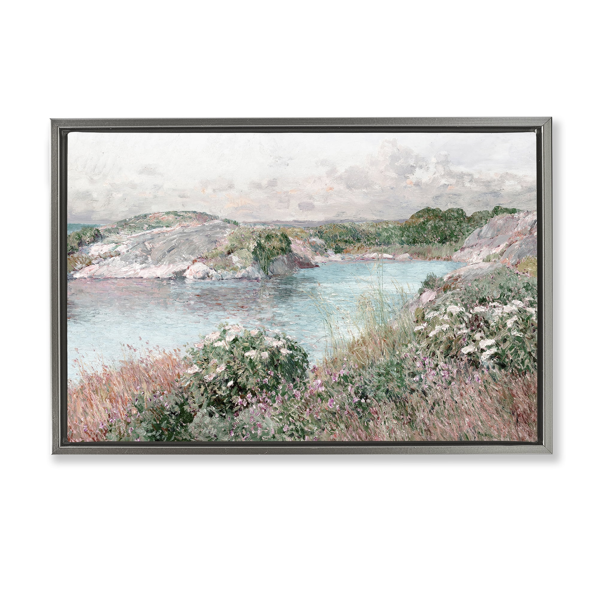 Stupell Industries Classic Riverbank Landscape Landscape & Nature Painting Gray Floater Framed Canvas Art Print Wall Art, 25 x 17