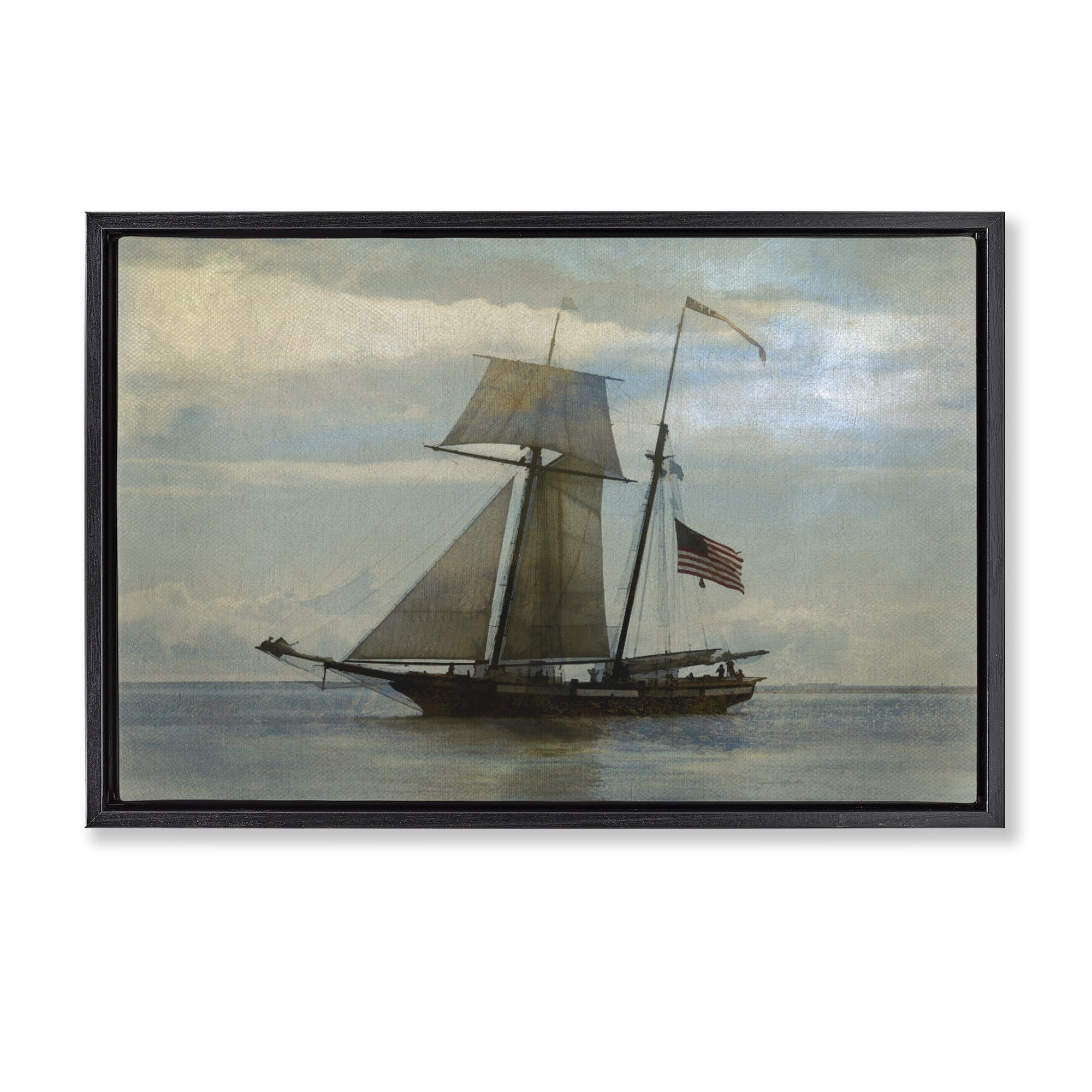 Stupell Industries Classic Ship with Flag Transportation Painting Black Floater Framed Canvas Art Print Wall Art, 31 x 21