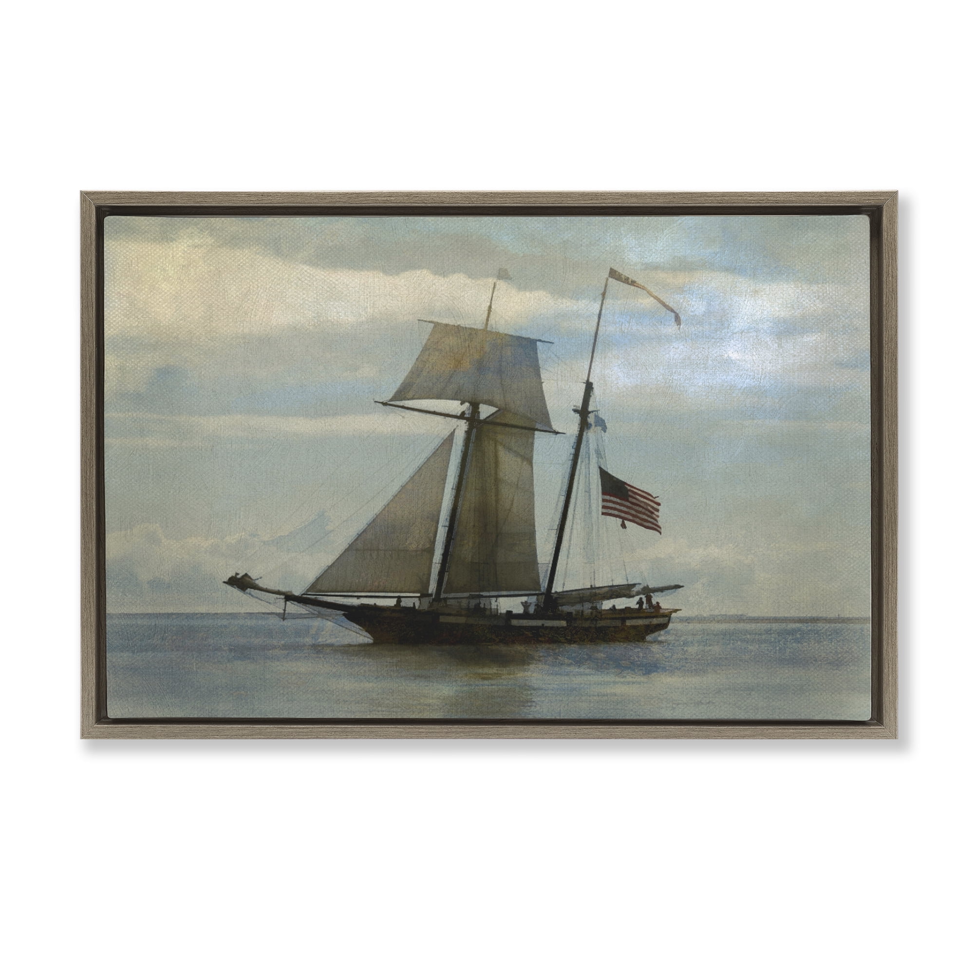 Stupell Industries Classic Ship with Flag Transportation Painting Brown Floater Framed Canvas Art Print Wall Art, 25 x 17