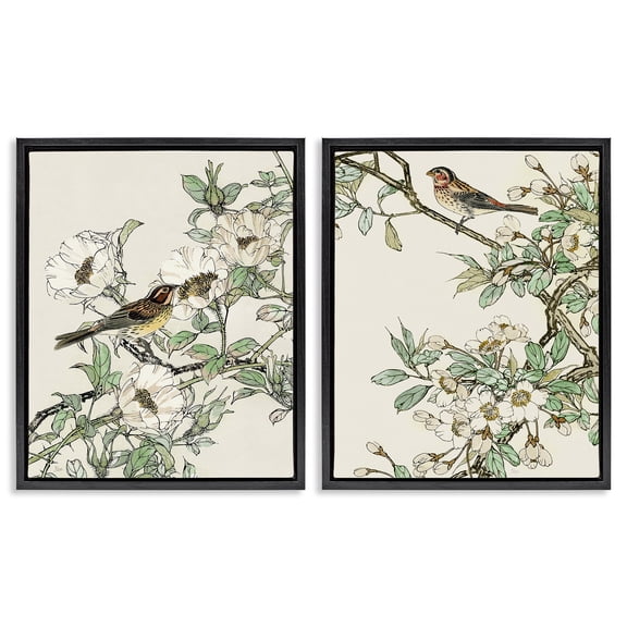 Stupell Industries Classic Sparrow on Blossoms Animals & Insects Painting Black Floater Framed Canvas Art Print Wall Art, 17 x 21, Set of 2