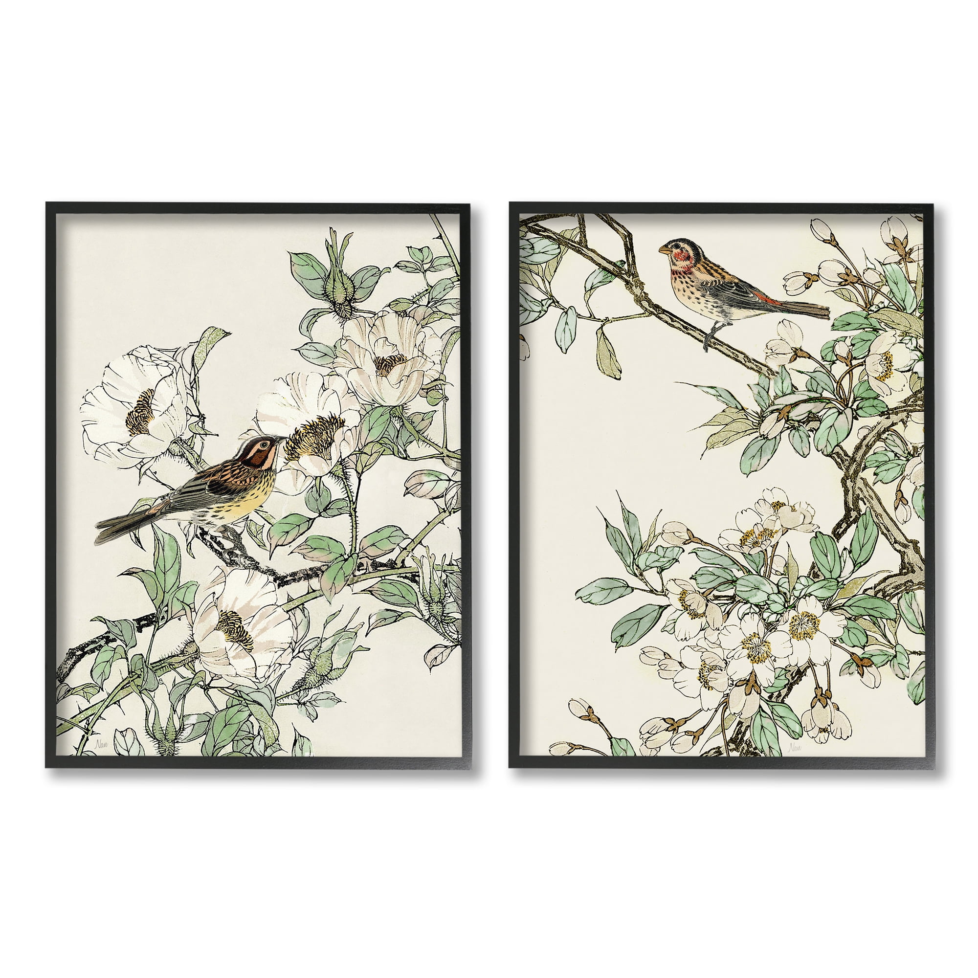 Stupell Industries Classic Sparrow on Blossoms Animals & Insects Painting Black Framed Art Print Wall Art, 24 x 30, Set of 2