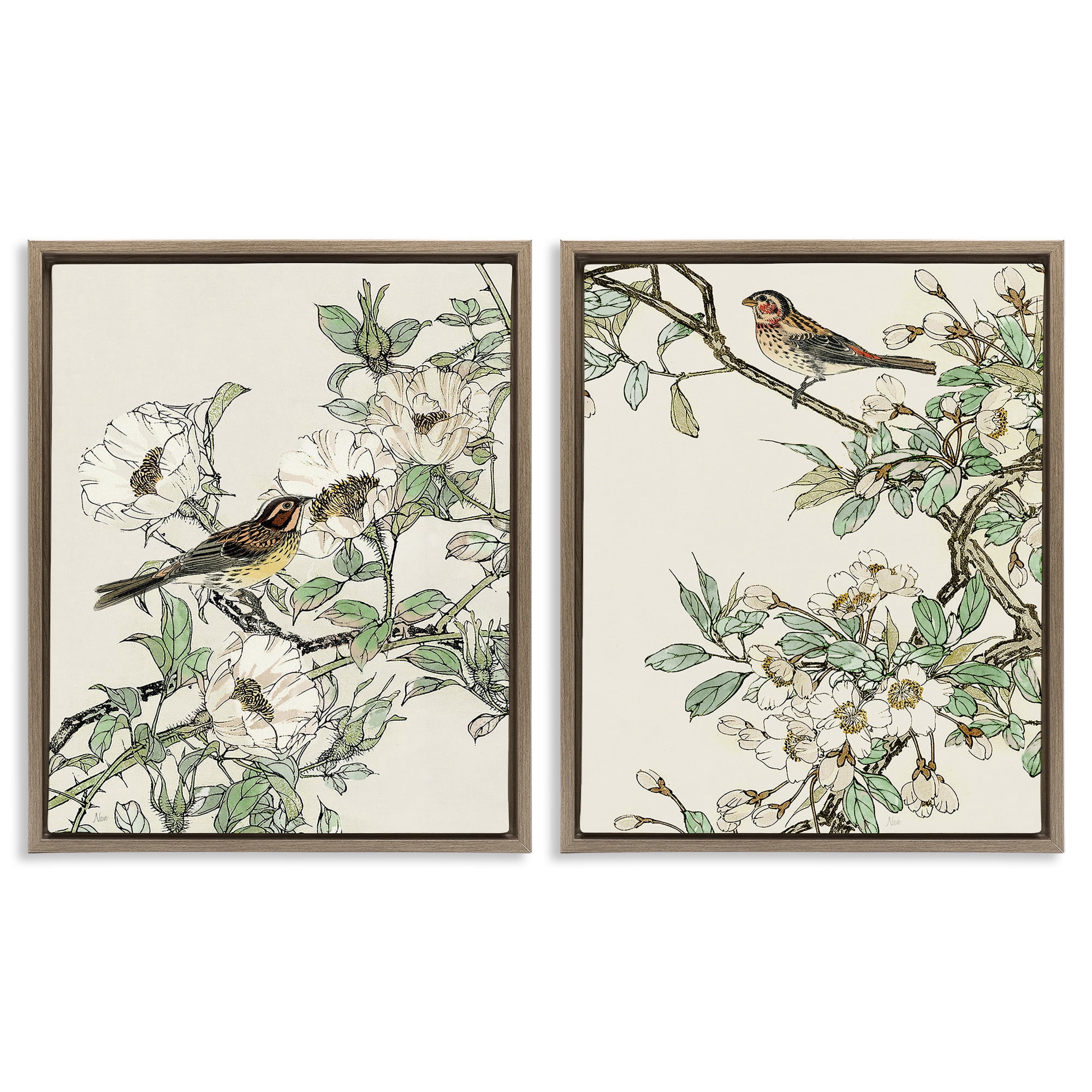 Stupell Industries Classic Sparrow on Blossoms Animals & Insects Painting Brown Floater Framed Canvas Art Print Wall Art, 25 x 31, Set of 2