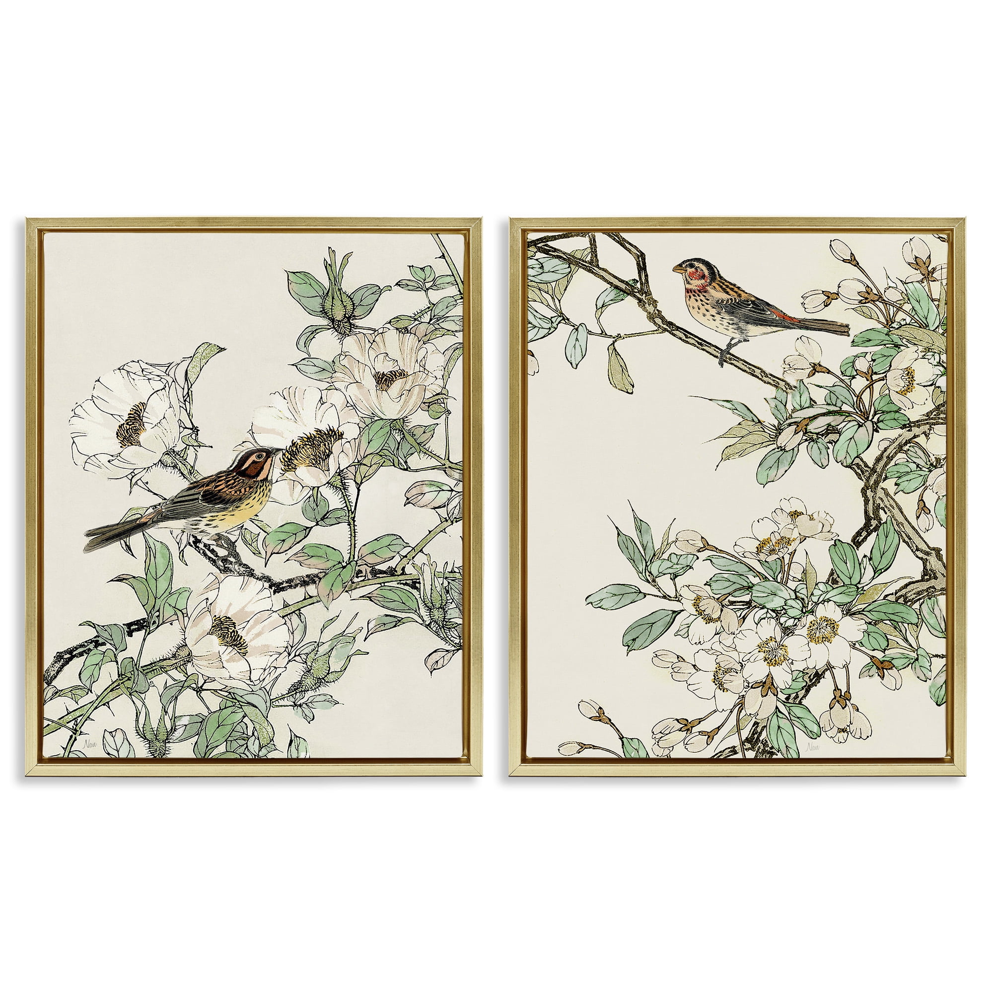 Stupell Industries Classic Sparrow on Blossoms Animals & Insects Painting Gold Floater Framed Canvas Art Print Wall Art, 17 x 21, Set of 2