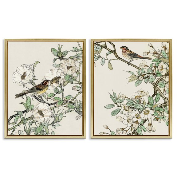 Stupell Industries Classic Sparrow on Blossoms Animals & Insects Painting Gold Floater Framed Canvas Art Print Wall Art, 17 x 21, Set of 2
