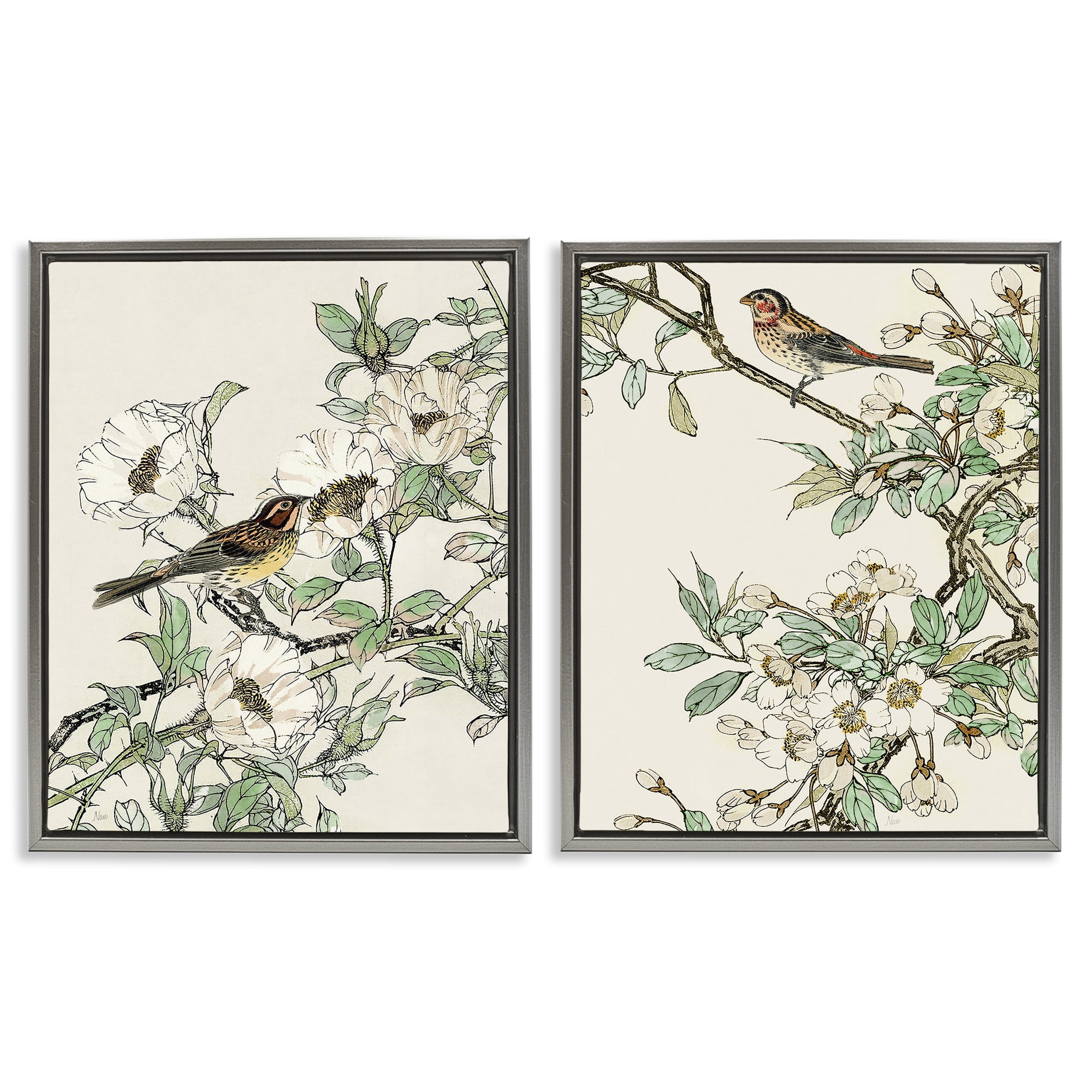 Stupell Industries Classic Sparrow on Blossoms Animals & Insects Painting Gray Floater Framed Canvas Art Print Wall Art, 25 x 31, Set of 2