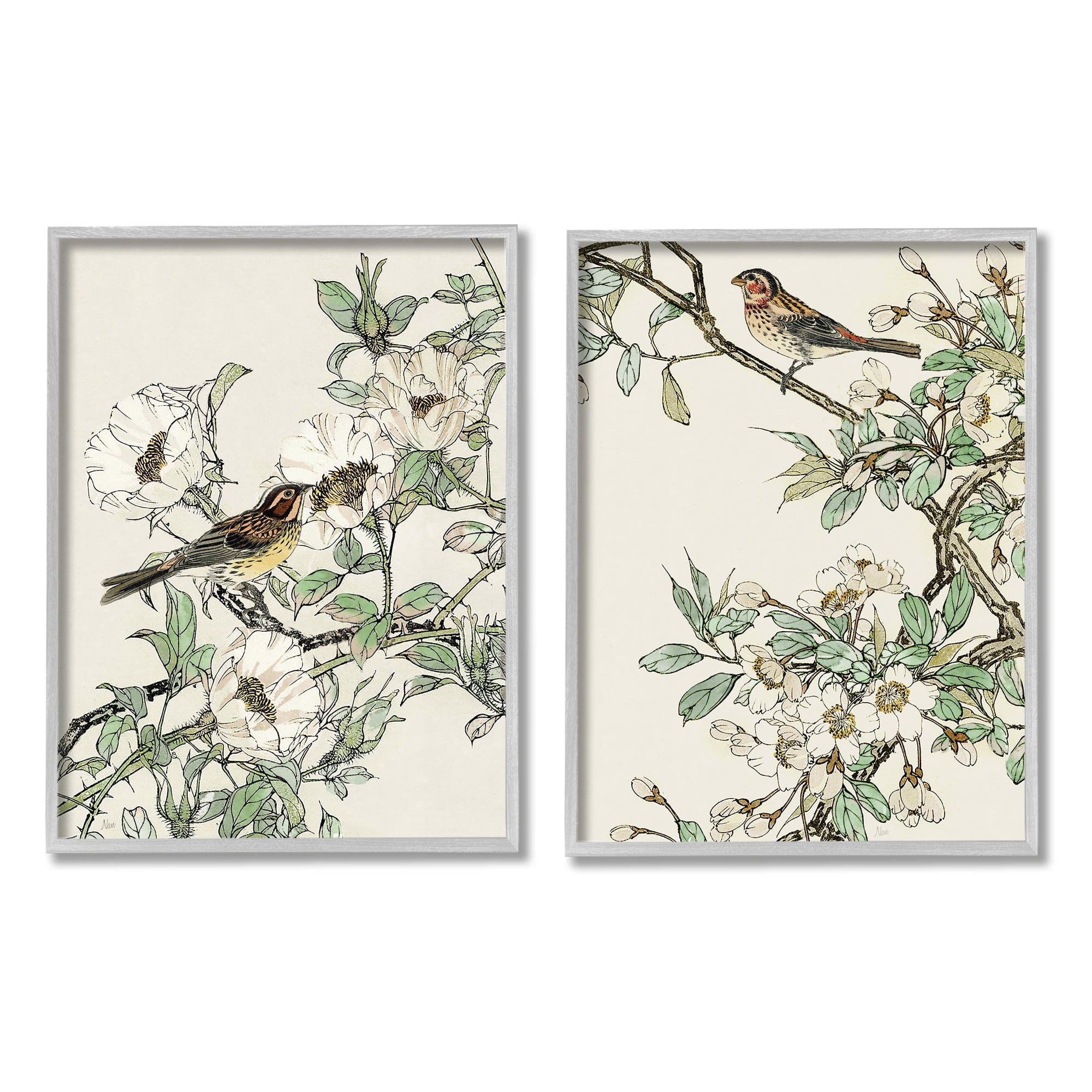 Stupell Industries Classic Sparrow on Blossoms Animals & Insects Painting Gray Framed Art Print Wall Art, 11 x 14, Set of 2