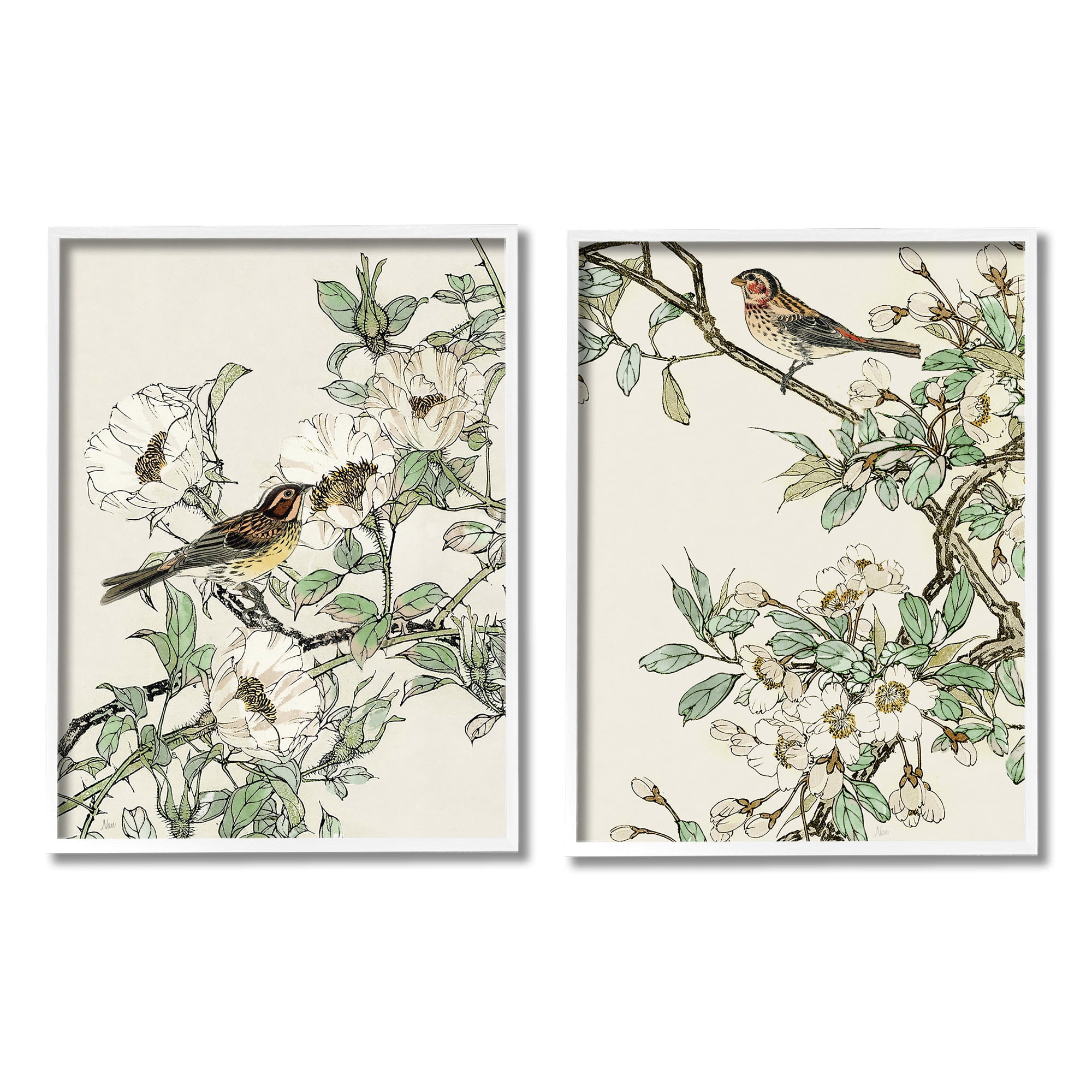 Stupell Industries Classic Sparrow on Blossoms Animals & Insects Painting White Framed Art Print Wall Art, 11 x 14, Set of 2