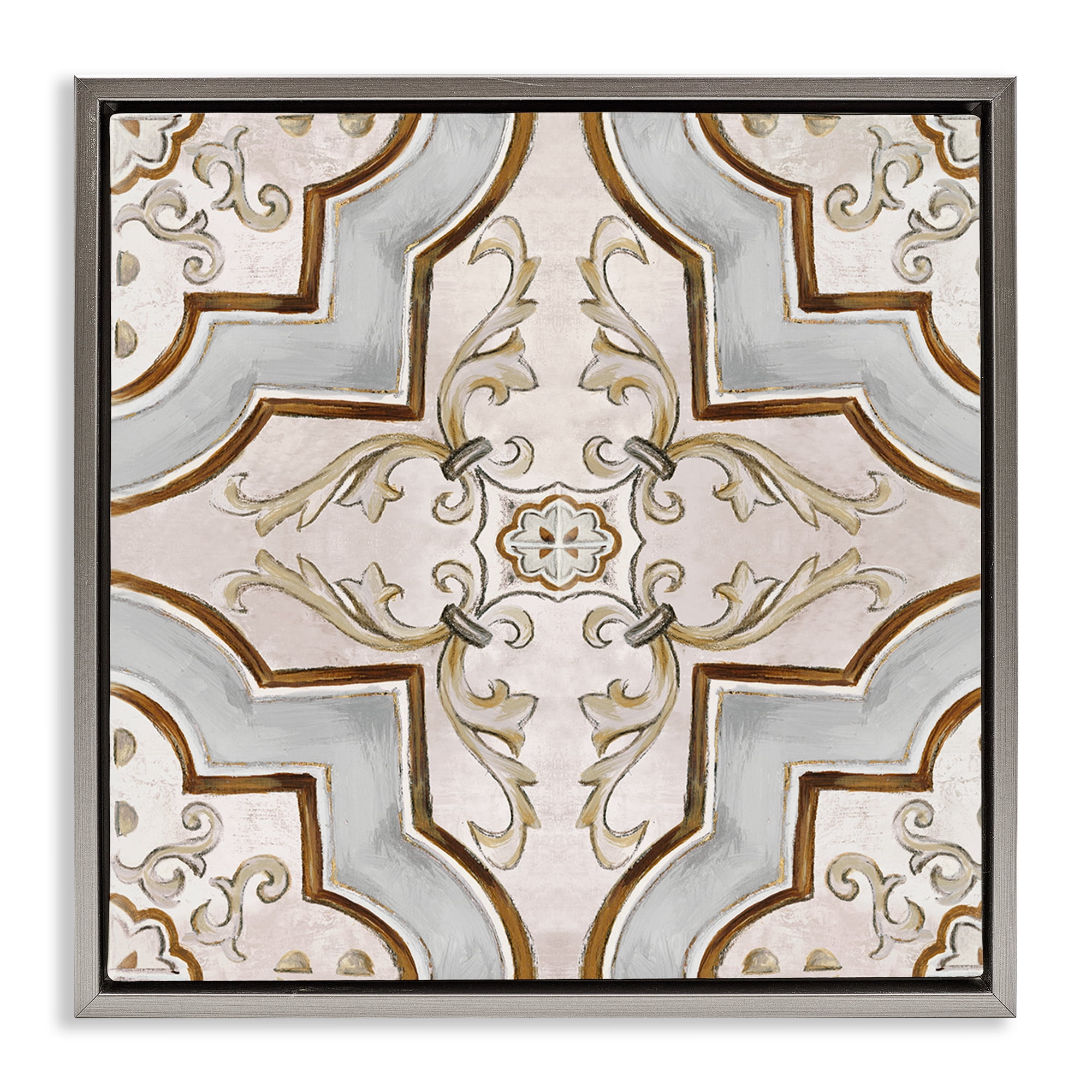 Stupell Industries Classic Symmetrical Tile Abstract Painting Gray Floater Framed Canvas Art Print Wall Art, 18 x 18