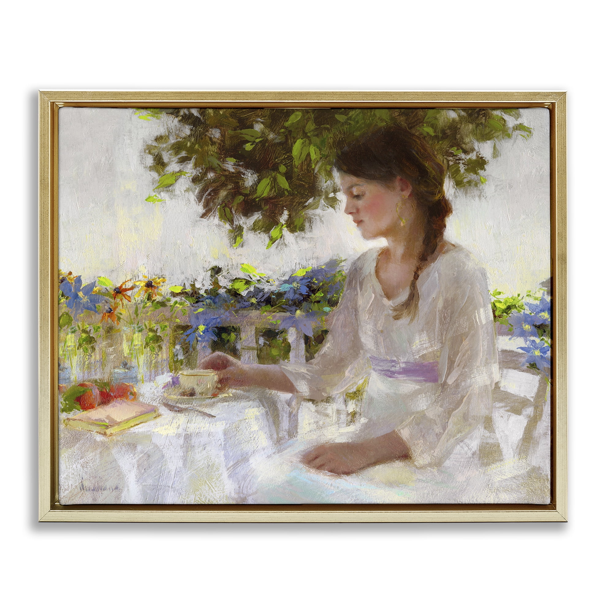 Stupell Industries Classic Tea Party Girl Novelty Painting Gold Floater Framed Art Print Wall Art, 31 x 25