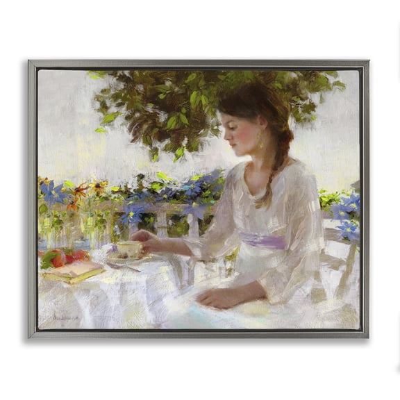 Stupell Industries Classic Tea Party Girl Novelty Painting Gray Floater Framed Art Print Wall Art, 21 x 17