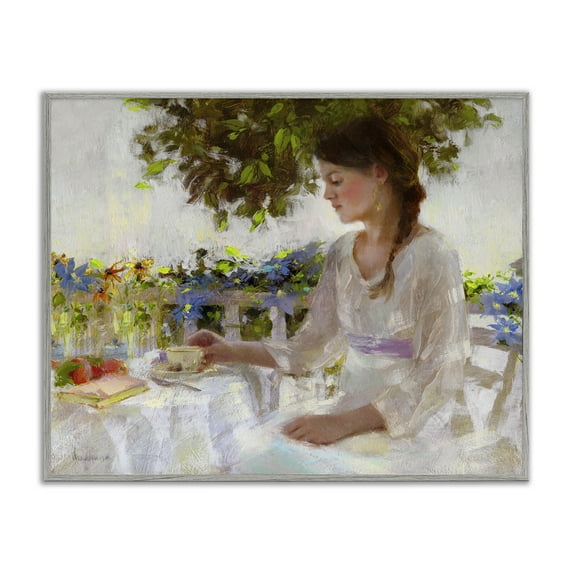 Stupell Industries Classic Tea Party Girl Novelty Painting Gray Framed Art Print Wall Art, 20 x 16