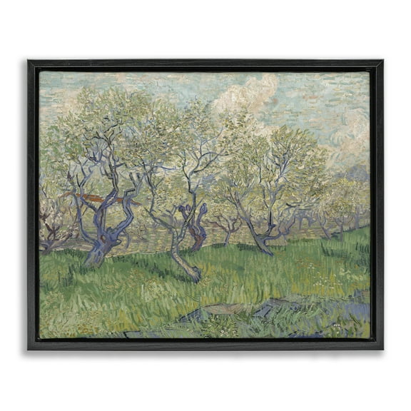 Stupell Industries Classic Van Gogh Blossoming Orchard Landscape & Nature Painting Black Floater Framed Canvas Art Print Wall Art, 21 x 17