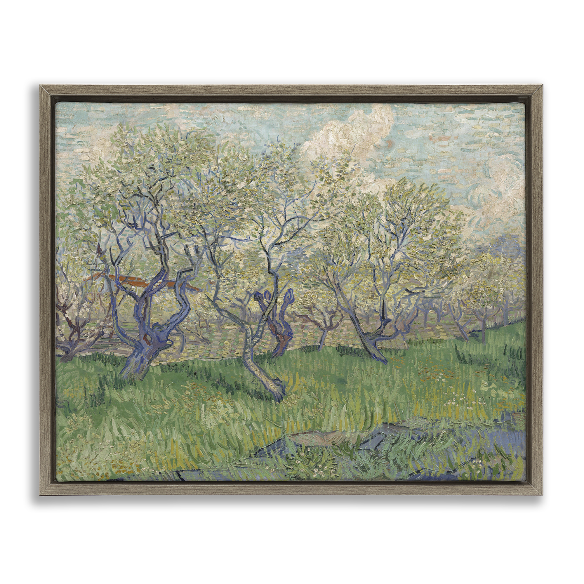 Stupell Industries Classic Van Gogh Blossoming Orchard Landscape & Nature Painting Brown Floater Framed Canvas Art Print Wall Art, 31 x 25