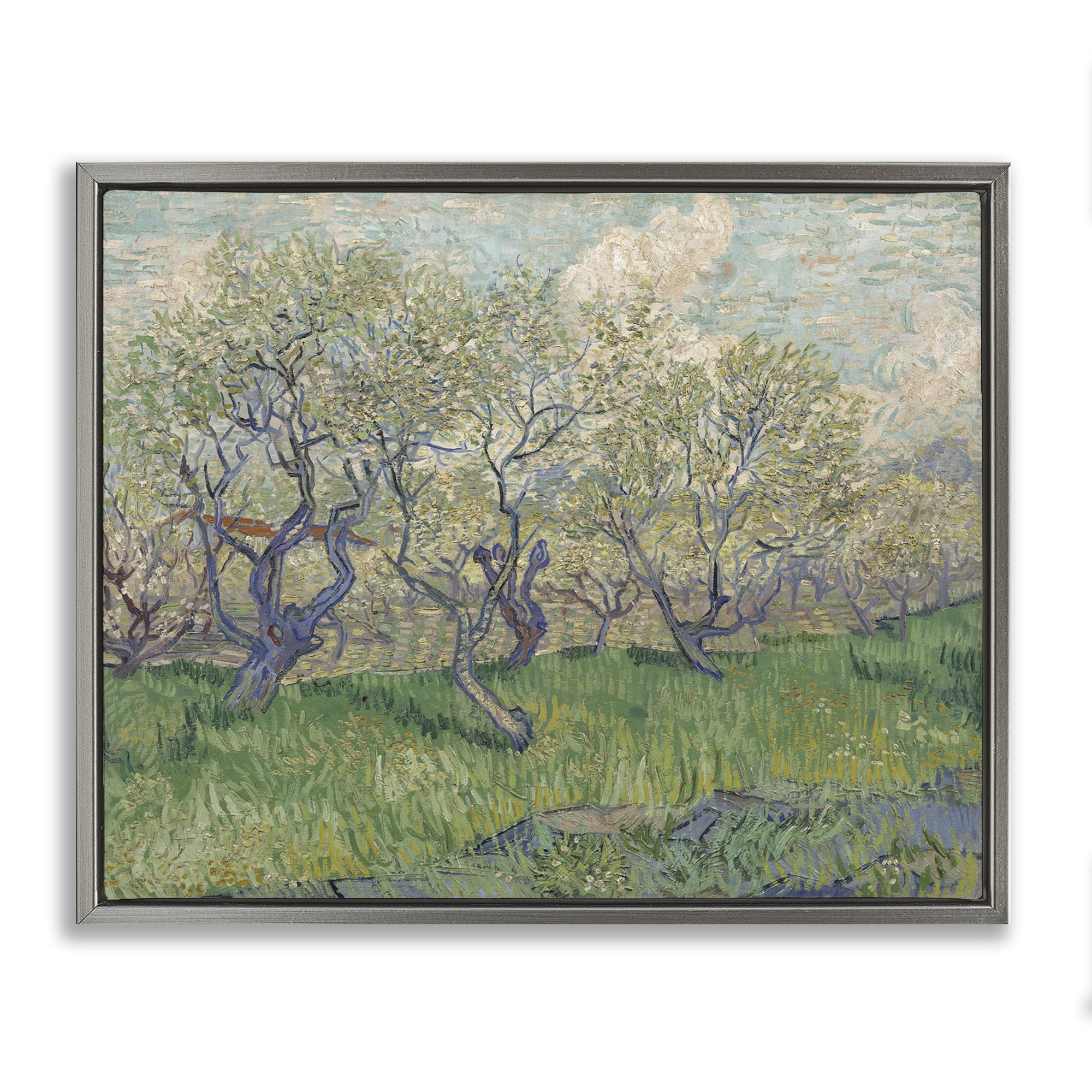 Stupell Industries Classic Van Gogh Blossoming Orchard Landscape & Nature Painting Gray Floater Framed Canvas Art Print Wall Art, 21 x 17