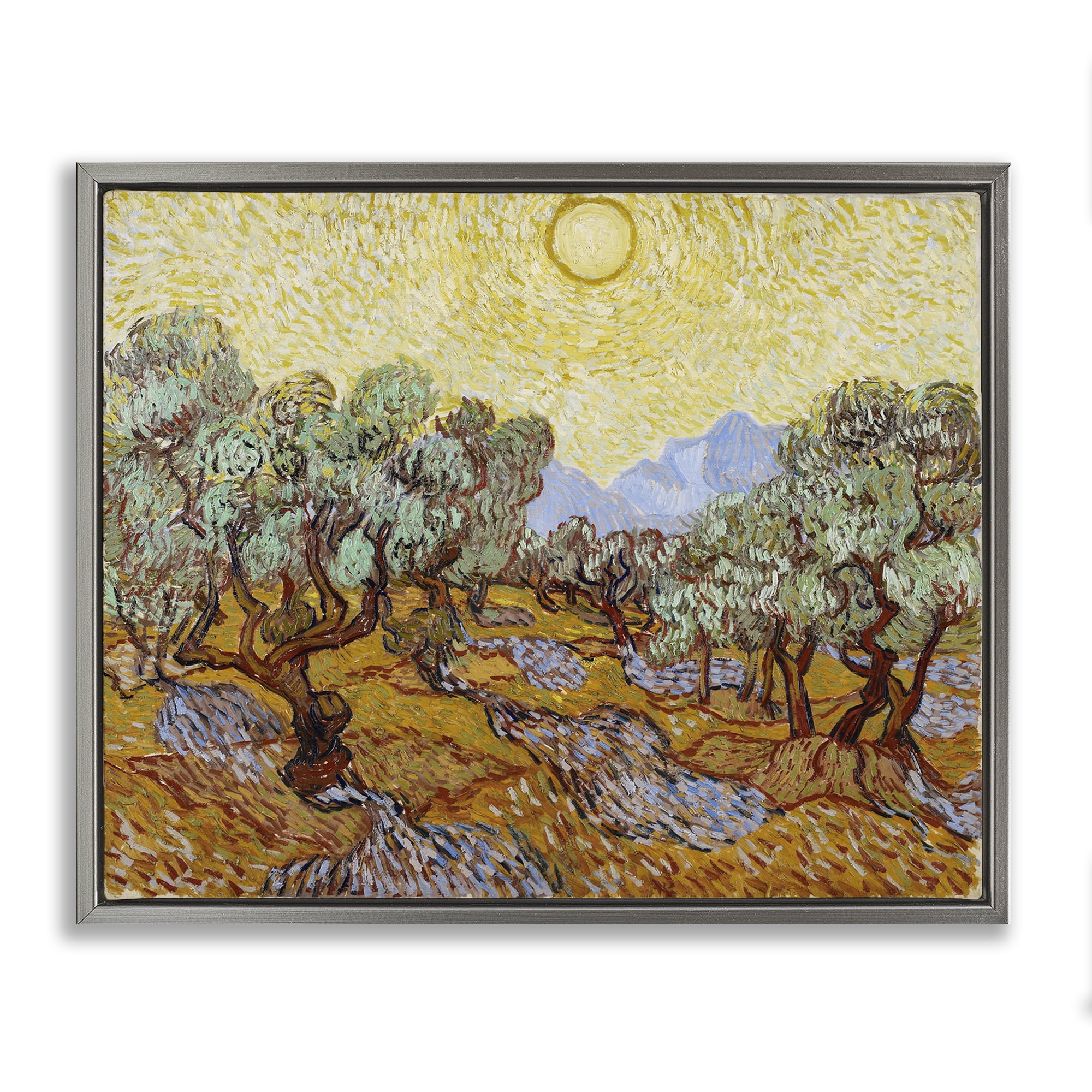 Stupell Industries Classic Van Gogh Olive Trees Landscape & Nature Painting Gray Floater Framed Canvas Art Print Wall Art, 21 x 17
