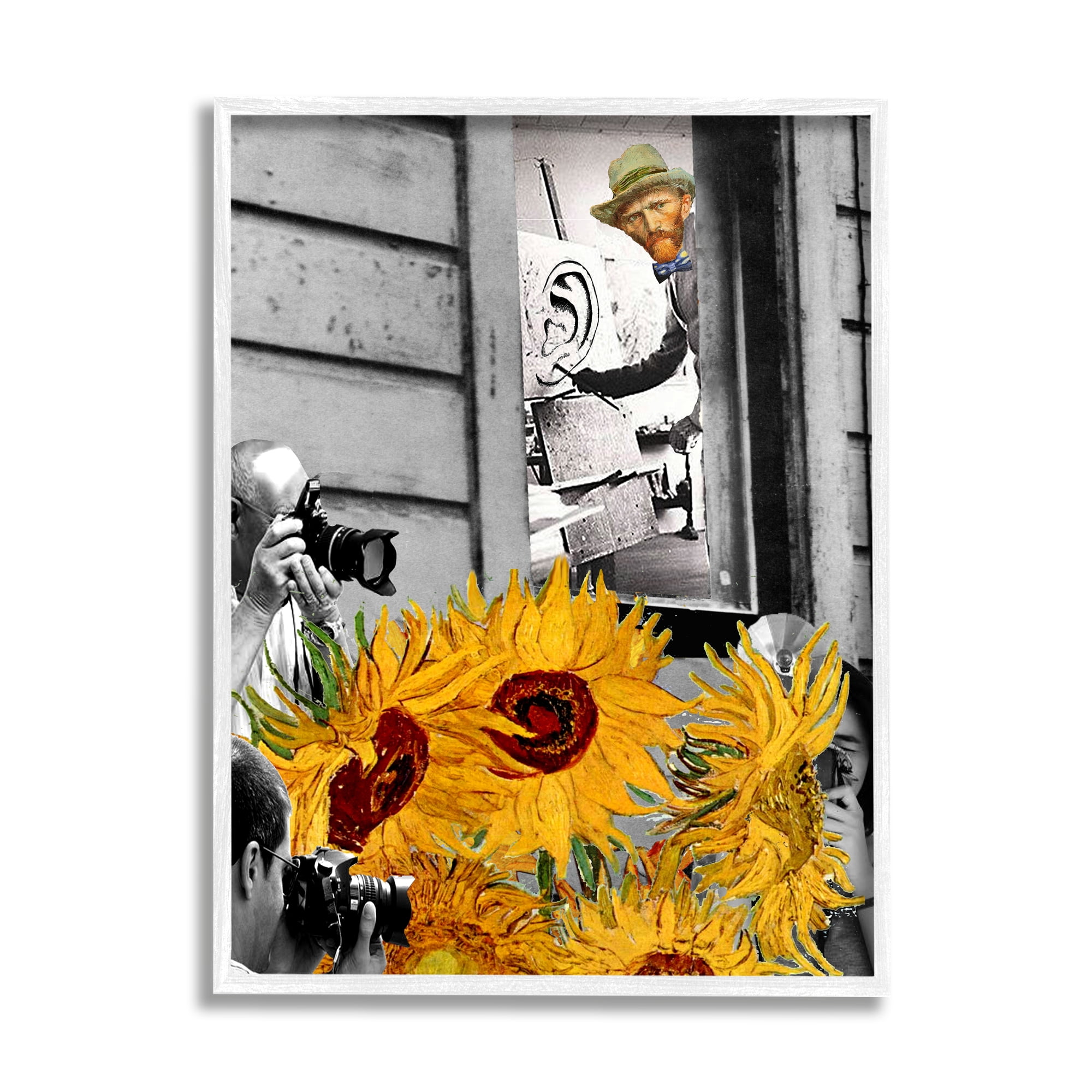 Stupell Industries Classic Van Gogh Sunflowers & Paparazzi Collage Painting Framed Wall Art, 16 x 20, Design by Barry Kite