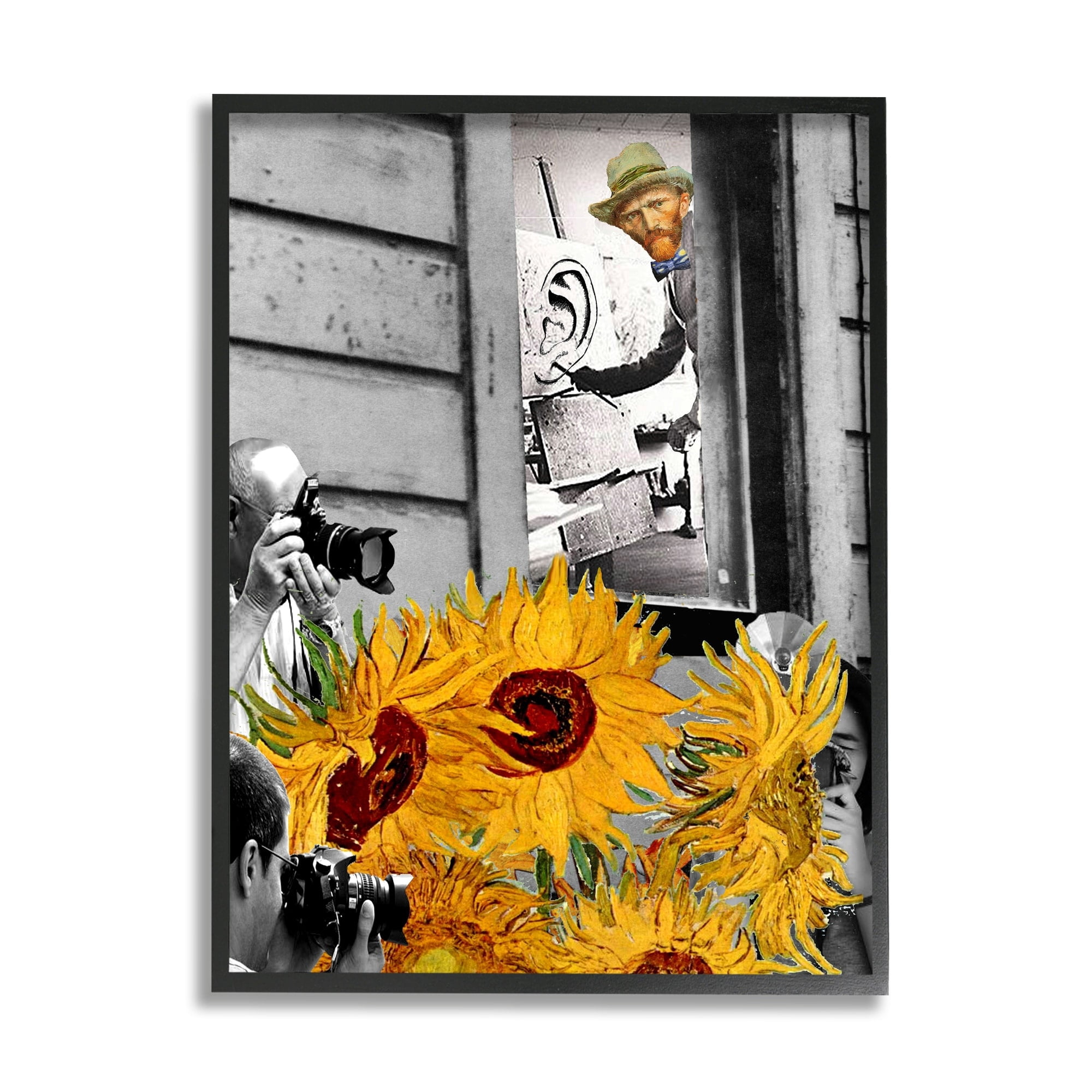 Stupell Industries Classic Van Gogh Sunflowers & Paparazzi Collage Painting Framed Wall Art, 24 x 30, Design by Barry Kite