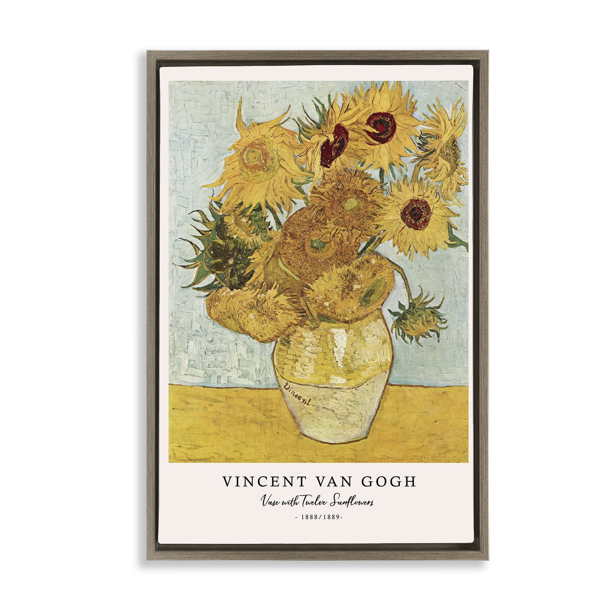 Stupell Industries Classic Vase with Twelve Sunflowers Brown Framed Floater Canvas Wall Art, design by Vintage Hustle
