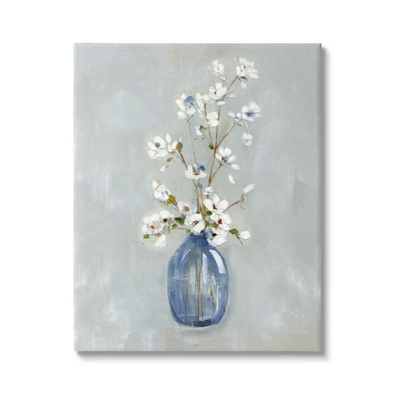 Stupell Industries Classic White Flower Arrangement Blue Vase Ikebana Painting Gallery-Wrapped Canvas Print Wall Art, 16x20, by Sally Swatland