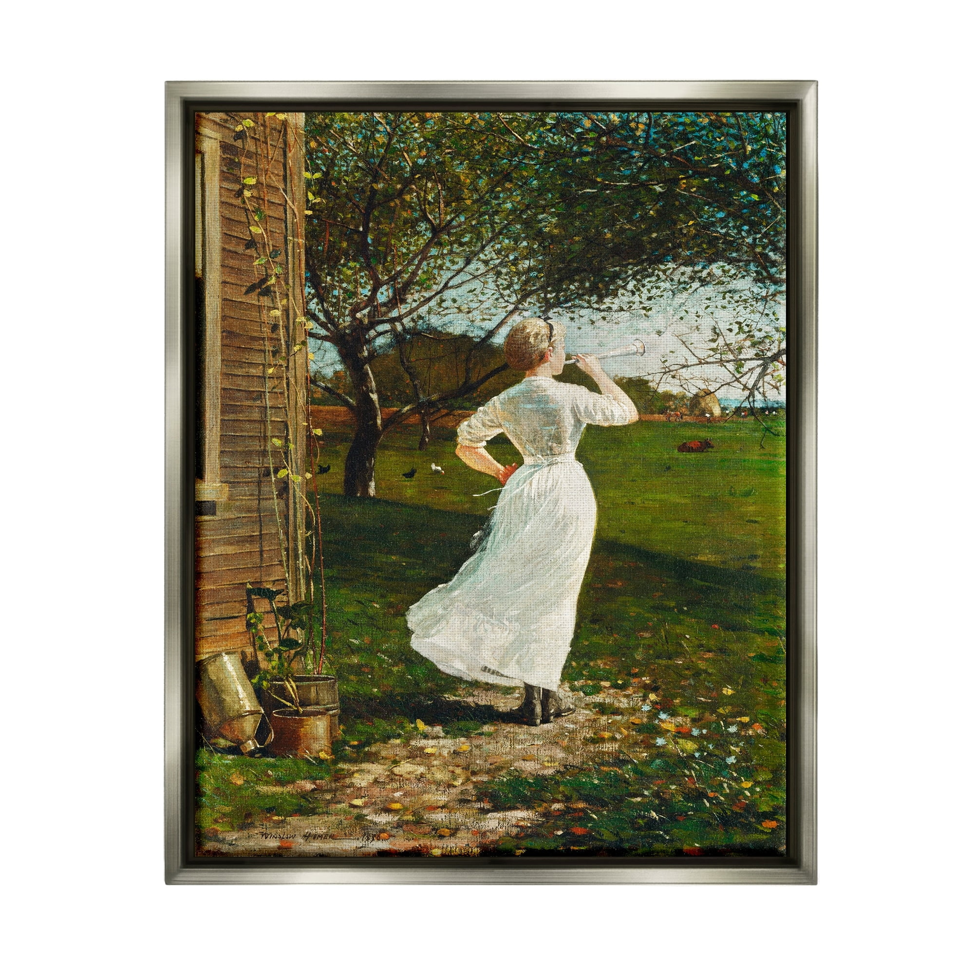 Stupell Industries Classic Woman Instrument Rural Vintage House Painting Painting Luster Gray Floating Framed Canvas Print Wall Art, Design by Lettered and Lined